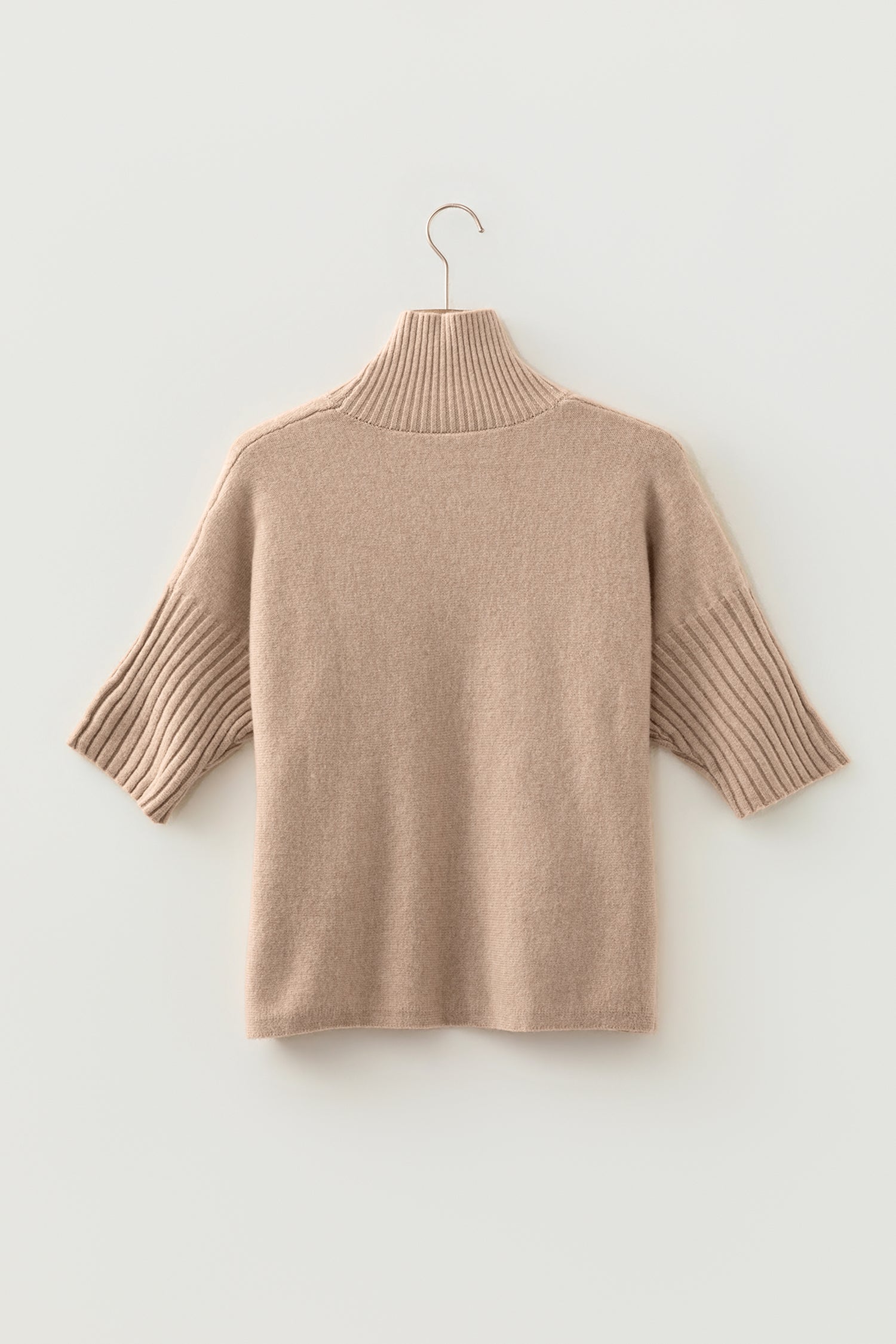 Beige High Neck Short Sleeve Solid Shift Sweater Regular Wash Casual Daily Wear