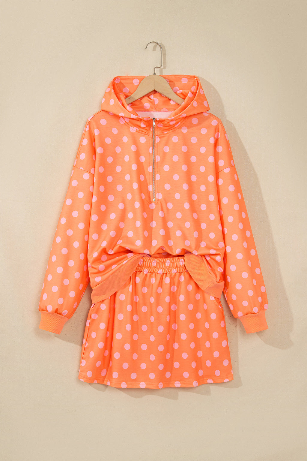Khaki Polka Dot Hooded Long Sleeve Top Casual Mini Skort Set