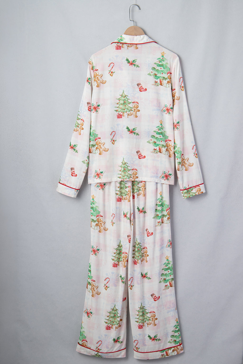 Pink Plaid Snowflake Christmas Gingerbread Man Print Long 2pcs Lounge Set