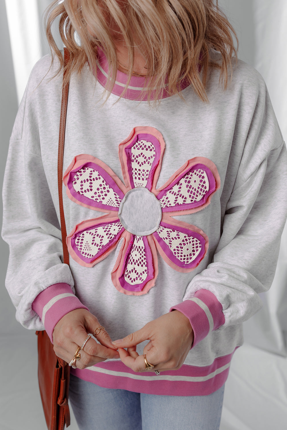 Gray Flower Patch Contrast Trim Crew Neck Sweatshirt