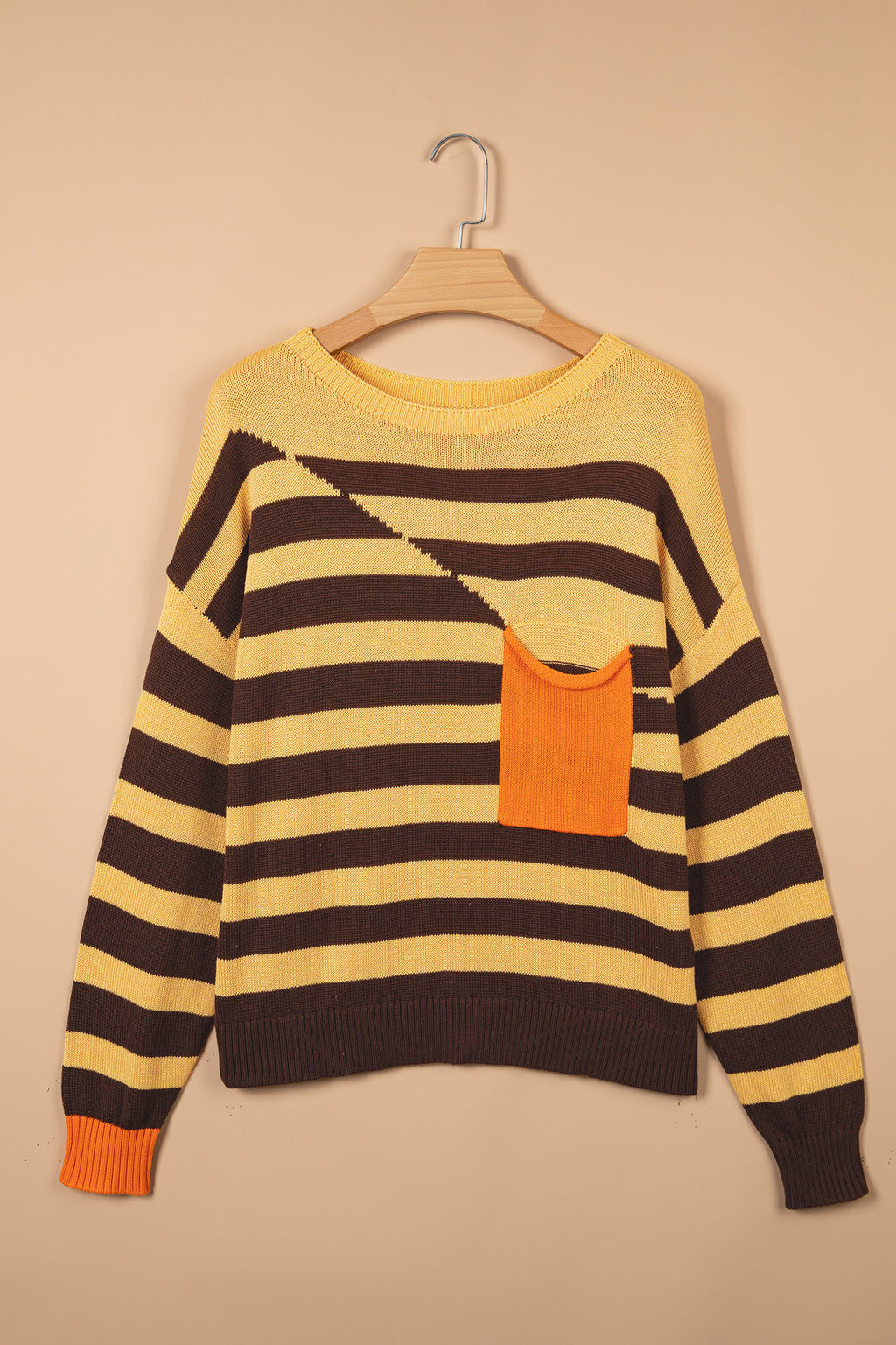 Brown Stripe Striped Drop Shoulder Colorblock Pullover Sweater