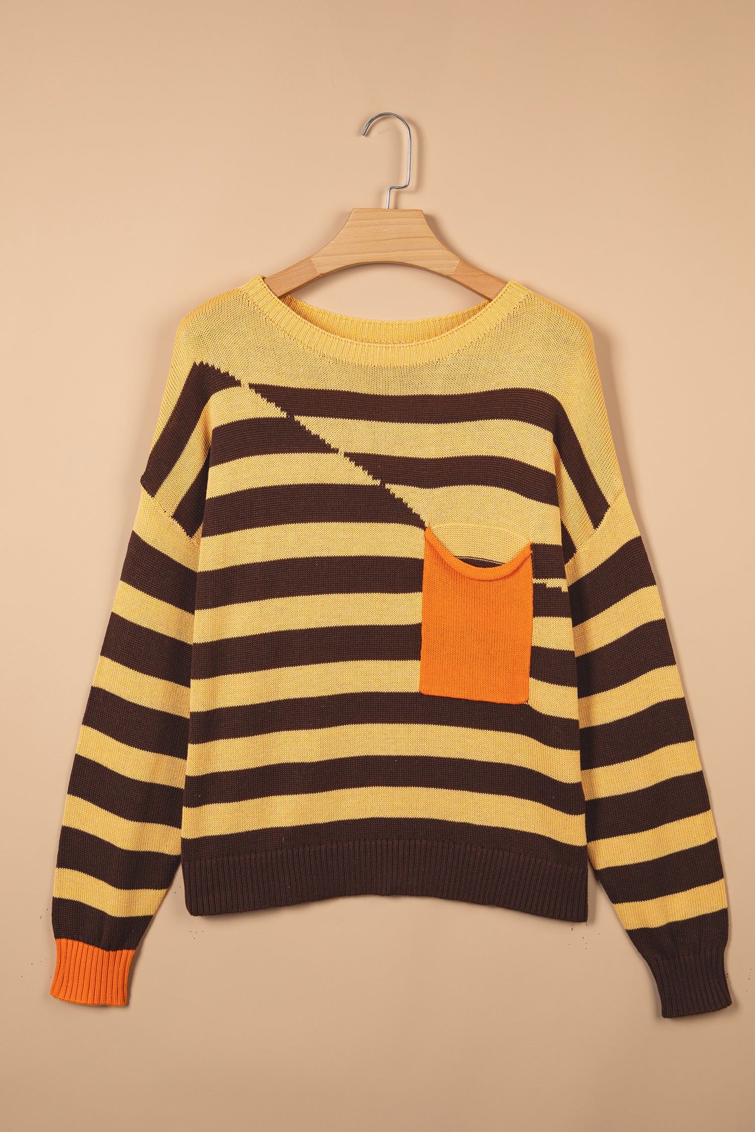 Brown Stripe Striped Drop Shoulder Colorblock Pullover Sweater