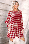 Red Plaid Print Smocked Puff Sleeve Mini Dress