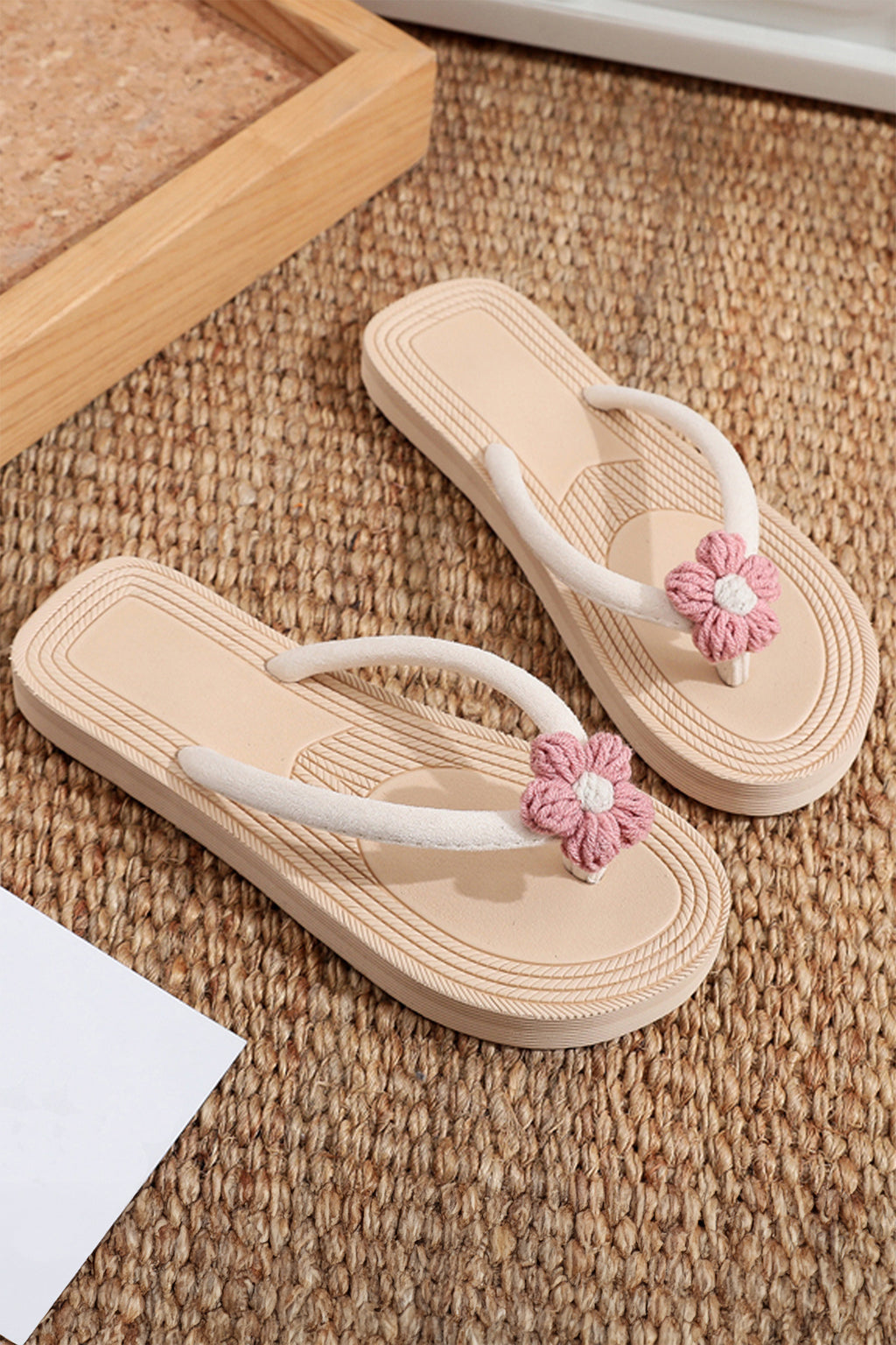 Khaki Corded Flower Vacation Casual Flip Flops