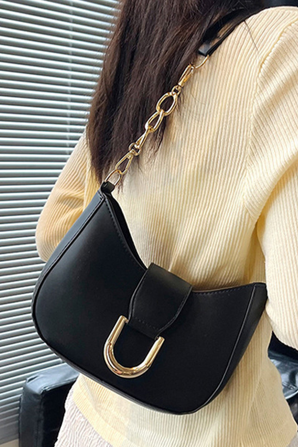 Black Gold Hardware PU Leather Single Shoulder Bag