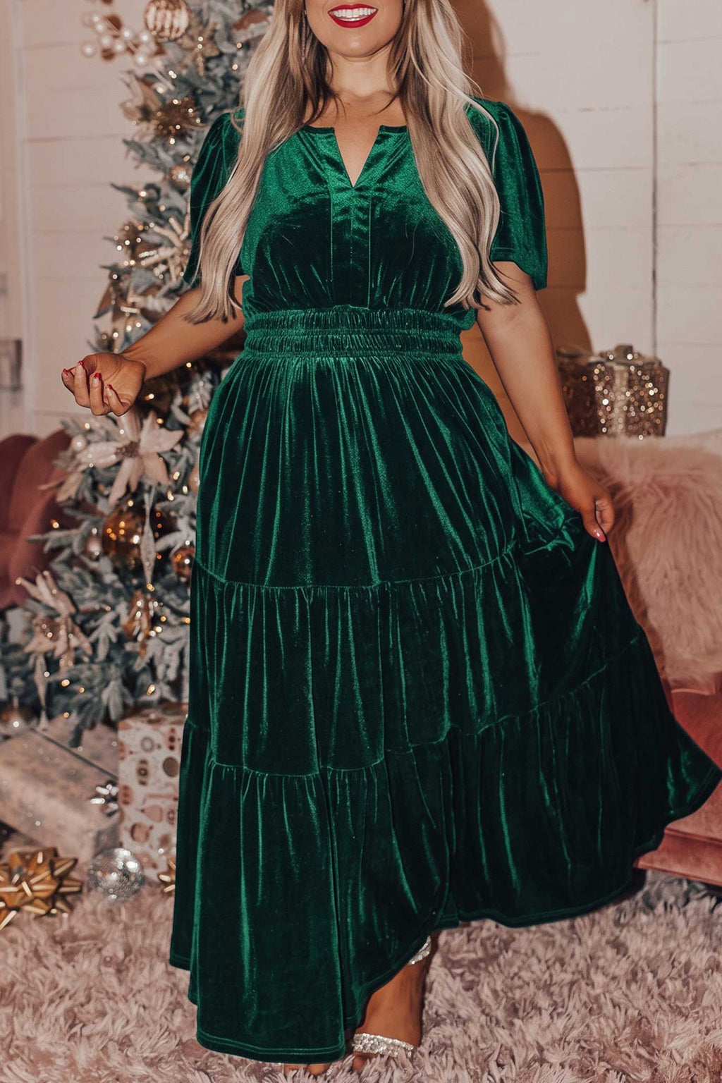 Blackish Green Velvet Short Sleeve Shirred Waist Tiered Plus Size Maxi Dress