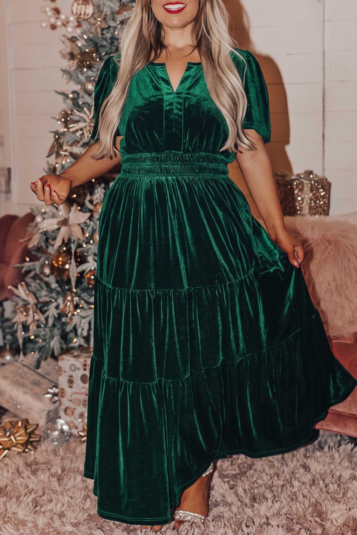 Blackish Green Velvet Short Sleeve Shirred Waist Tiered Plus Size Maxi Dress