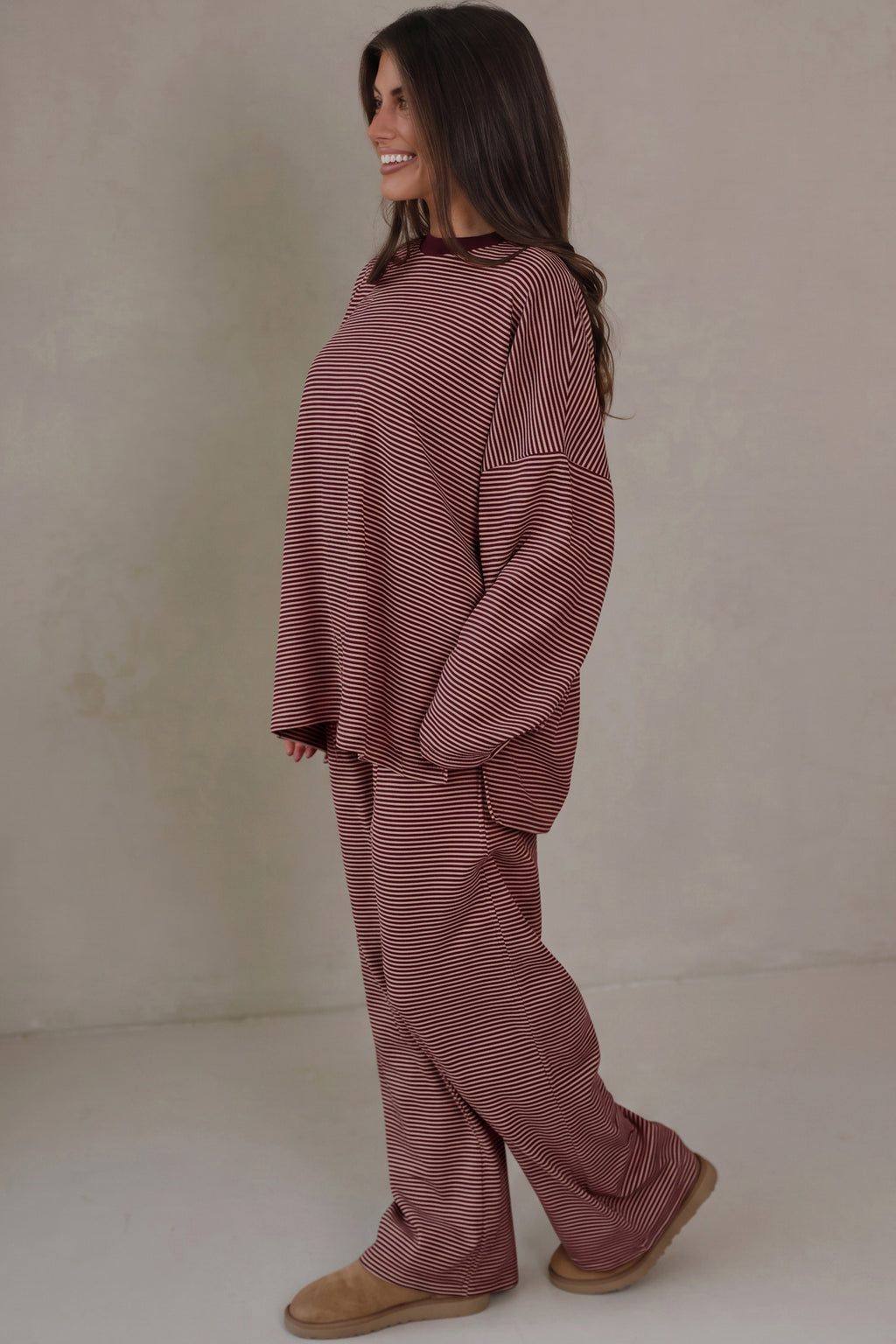 Brown Stripe Contrast Trim Round Neck Oversize Long Sleeve Top 2pcs Pant Set