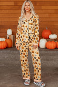 Orange Halloween Pumpkin Print Two Piece Long Sleeve Lounge Set