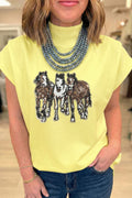 Yellow High Neck Sequin Horse Cap Sleeve Tunic Top