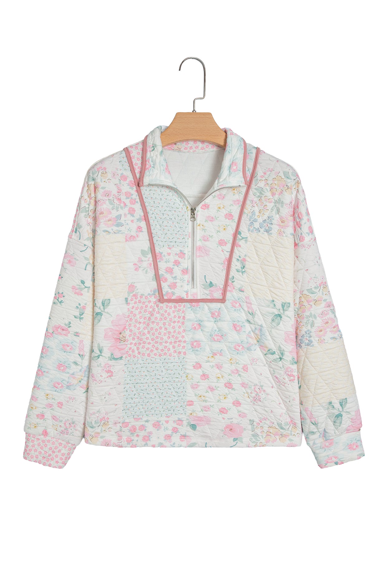 Multicolour Floral Quilted Metal Zipper Collar Long Sleeve Sweatshirt