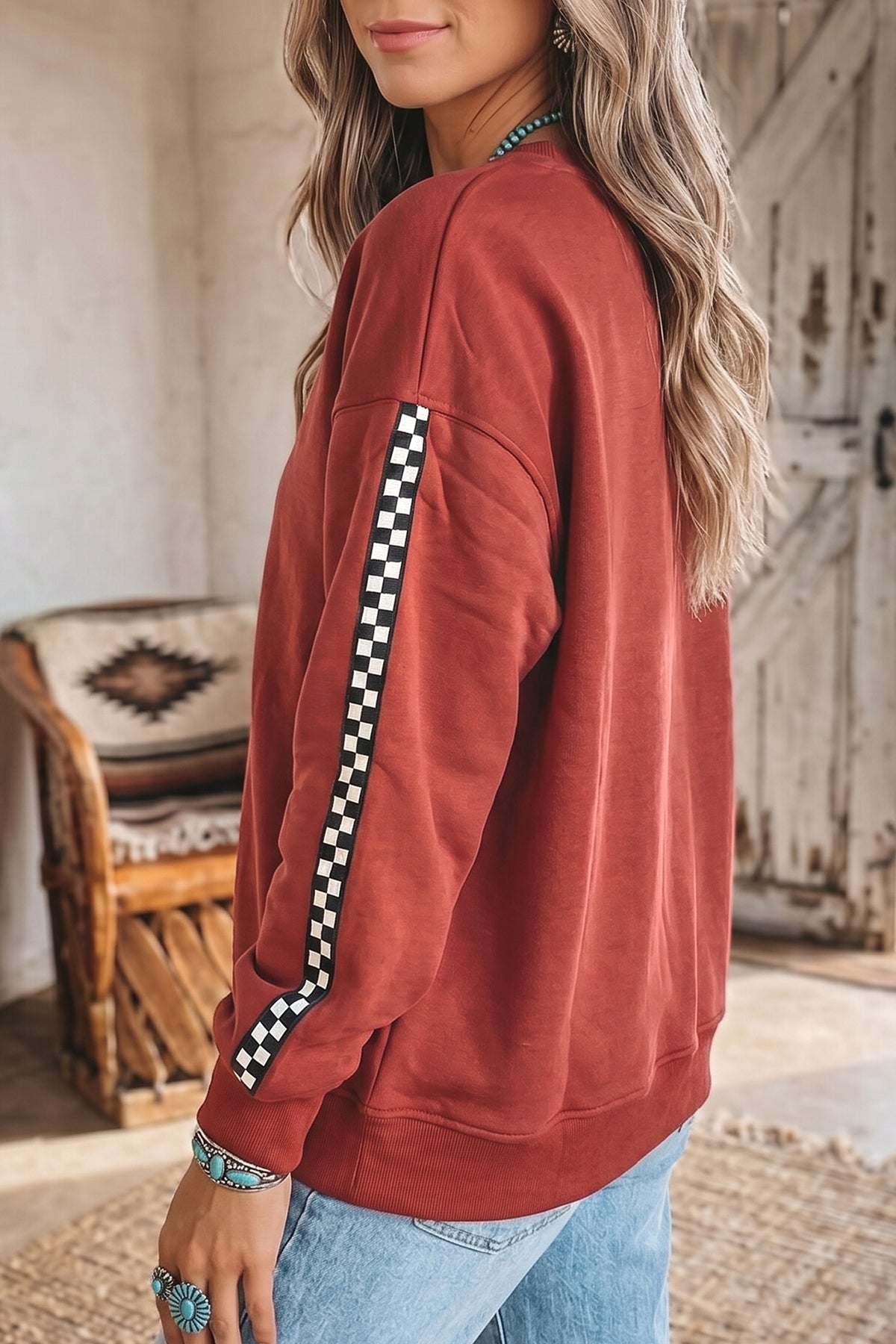 Mineral Red Checkered Trim Long Sleeve Round Neck Shift Sweatshirt