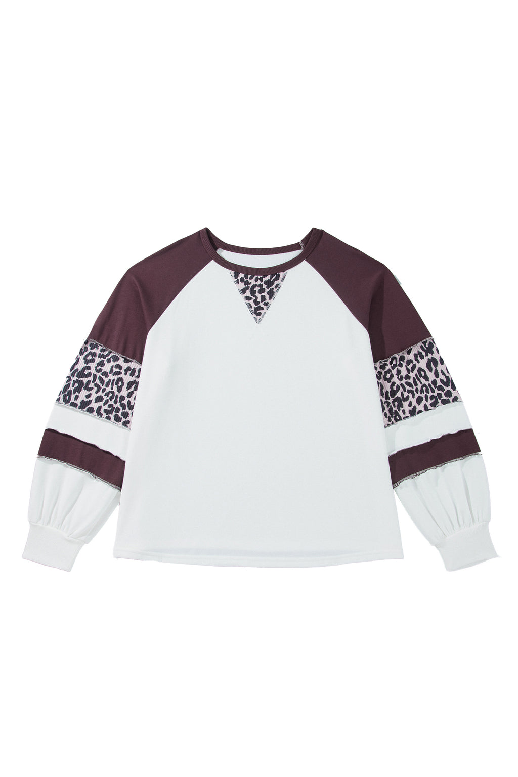 Beige Leopard Print Colorblock Round Neck Long Sleeve Plus Size Blouse