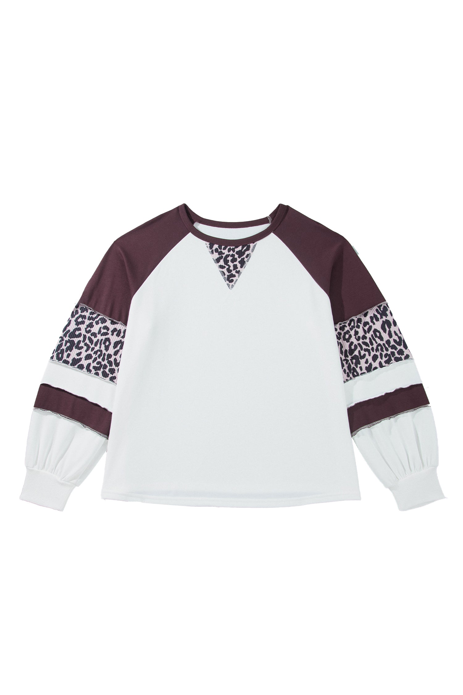 Beige Leopard Print Colorblock Round Neck Long Sleeve Plus Size Blouse