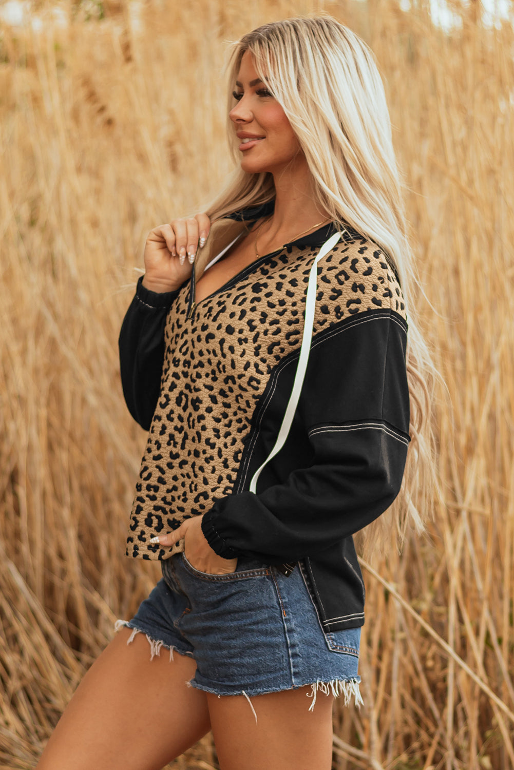 Brown Leopard Patchwork Contrast Stitching Knotted Cuff Quarter Zip Hoodie