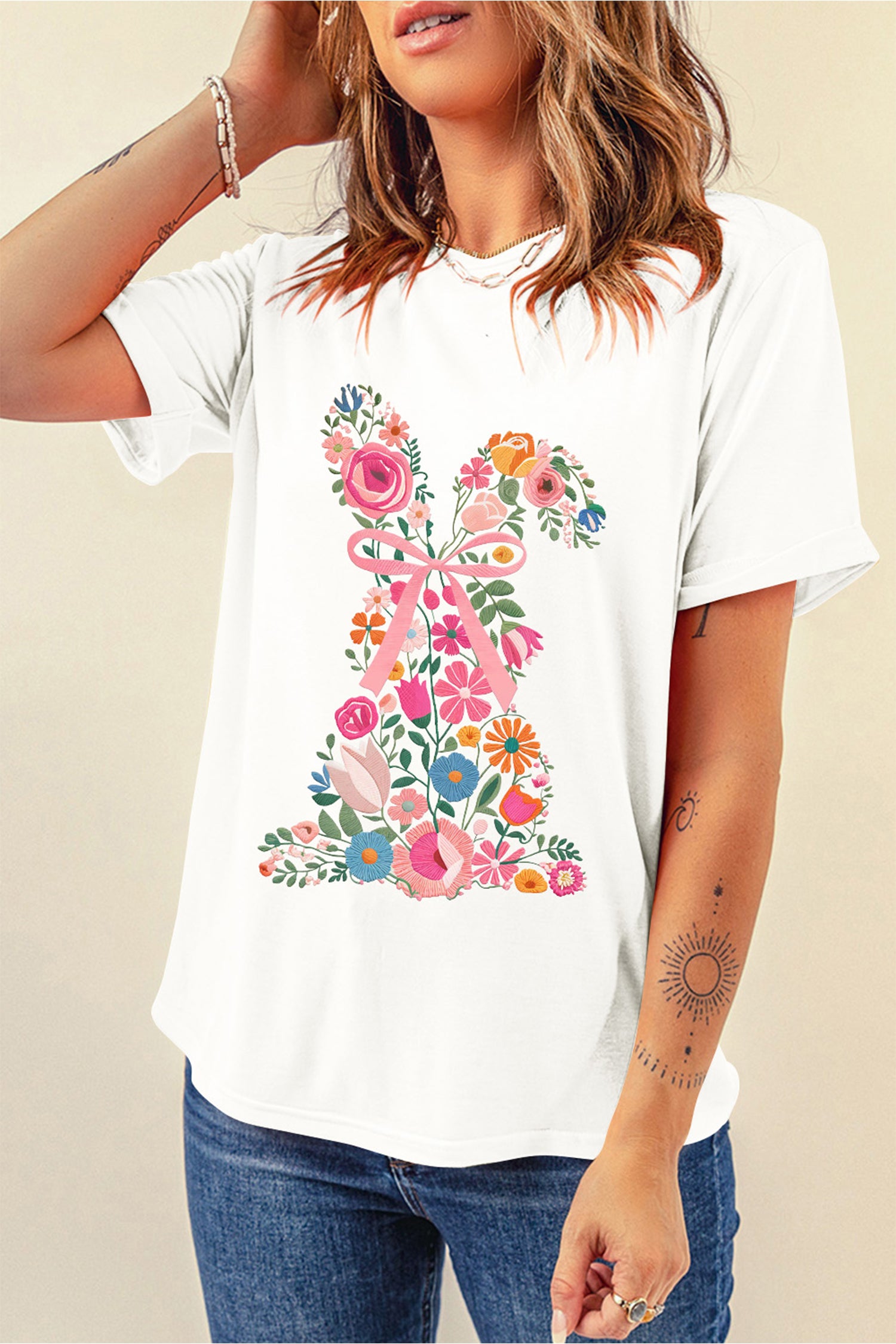 White Floral Easter Bunny Casual Graphic Tee