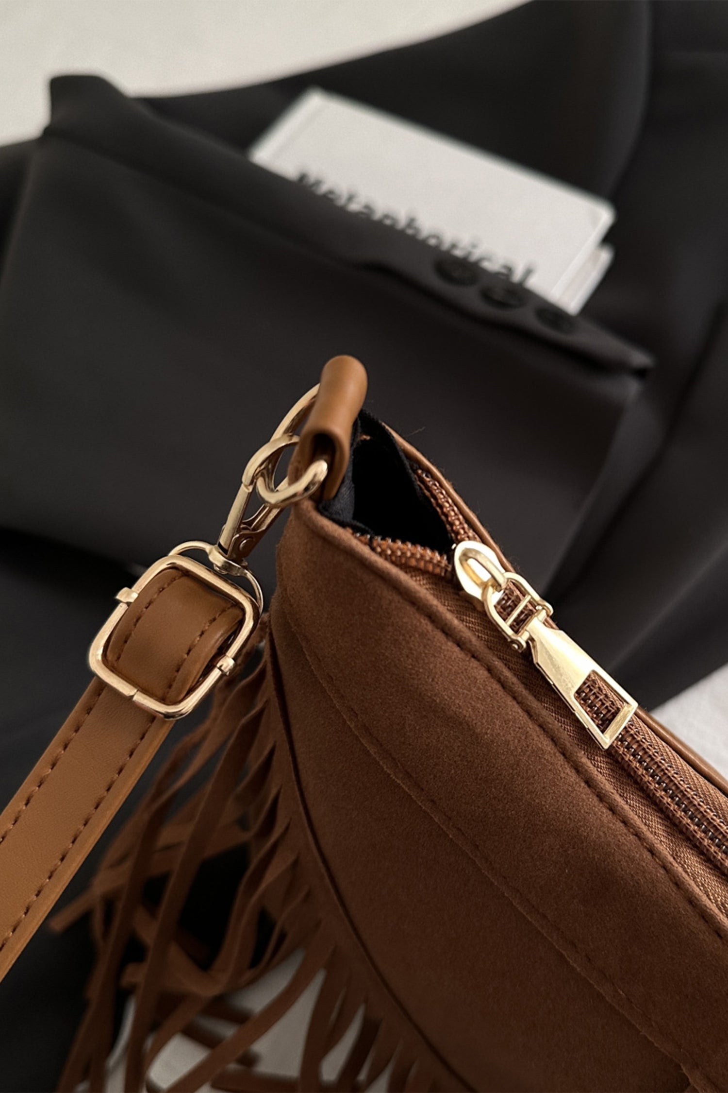 Coffee Faux Suede Boho Fringe Hobo Shoulder Bag