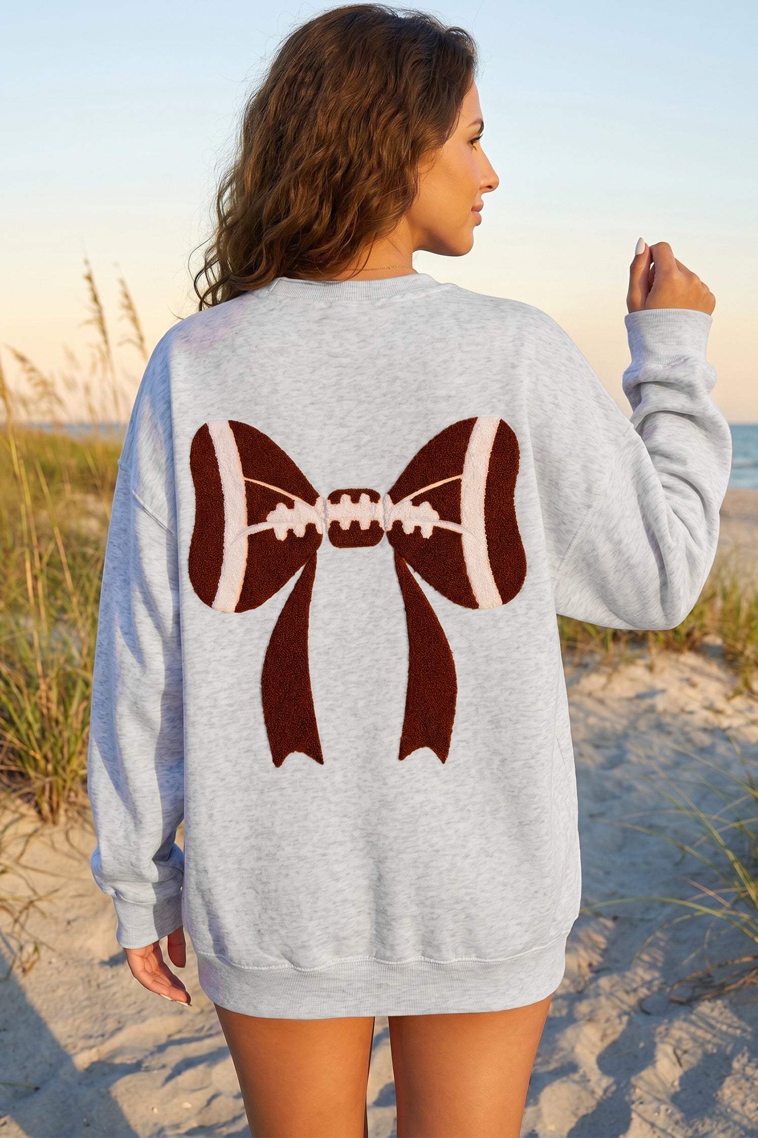 Gray Chenille Embroidered Rugby Bow Game Day Oversized Sweatshirt