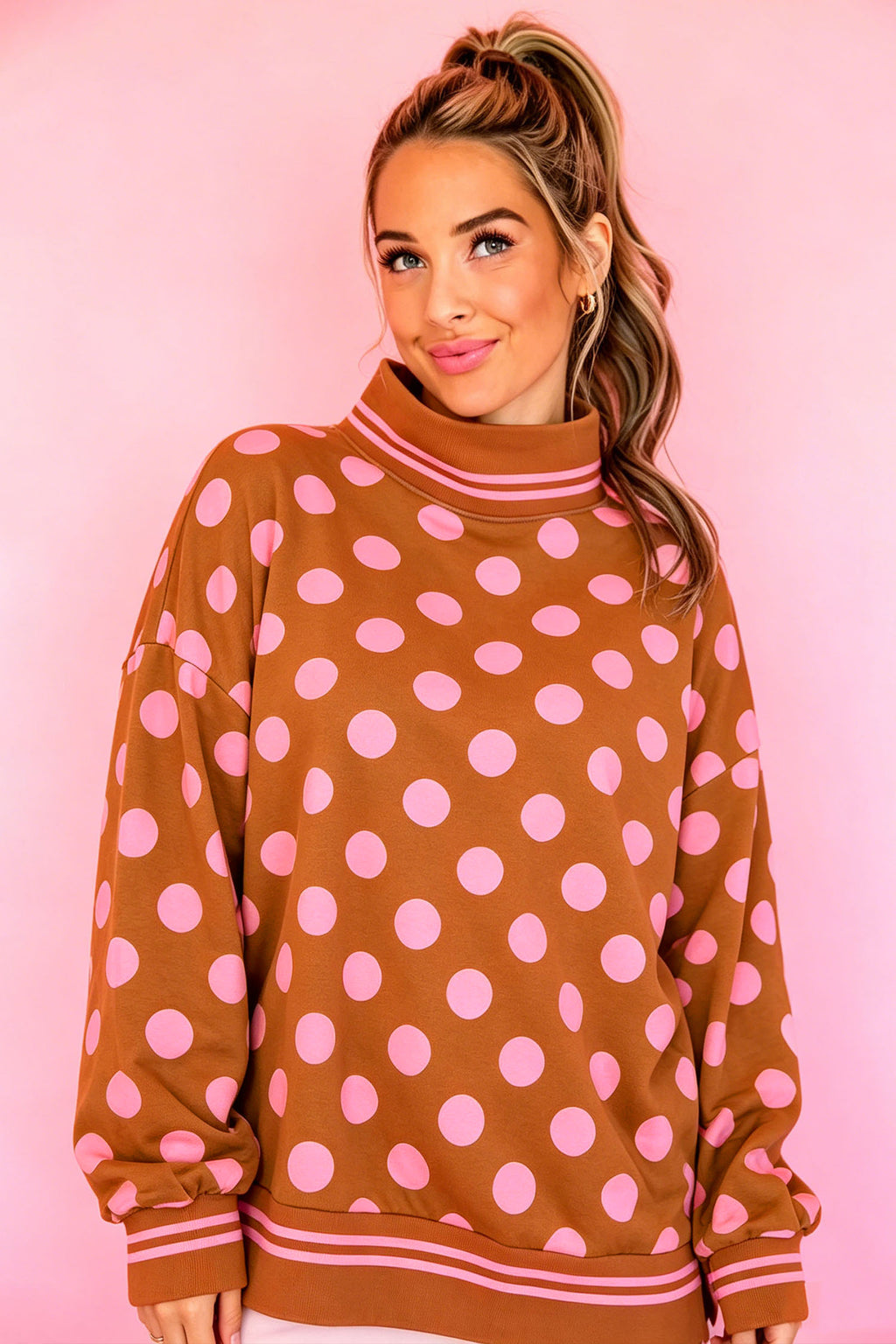 Rose Polka Dot Striped Trim Mock Neck Sweatshirt