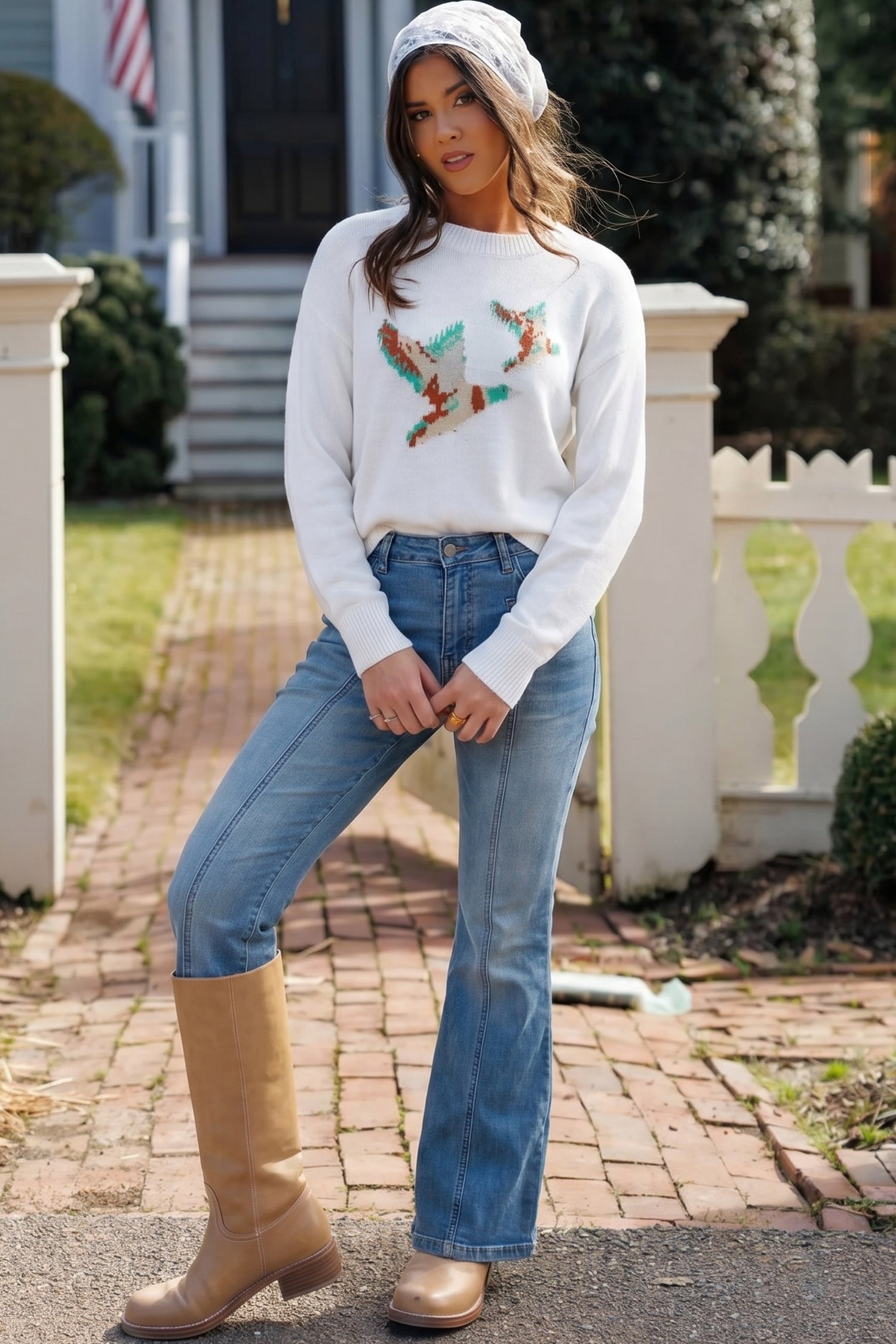 White Retro Flying Mallard Pattern Drop Shoulder Pullover Sweater