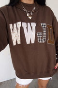 Coffee WWJD Mixed Pattern Embroidered Patch Graphic Mock Neck Sweatshirt