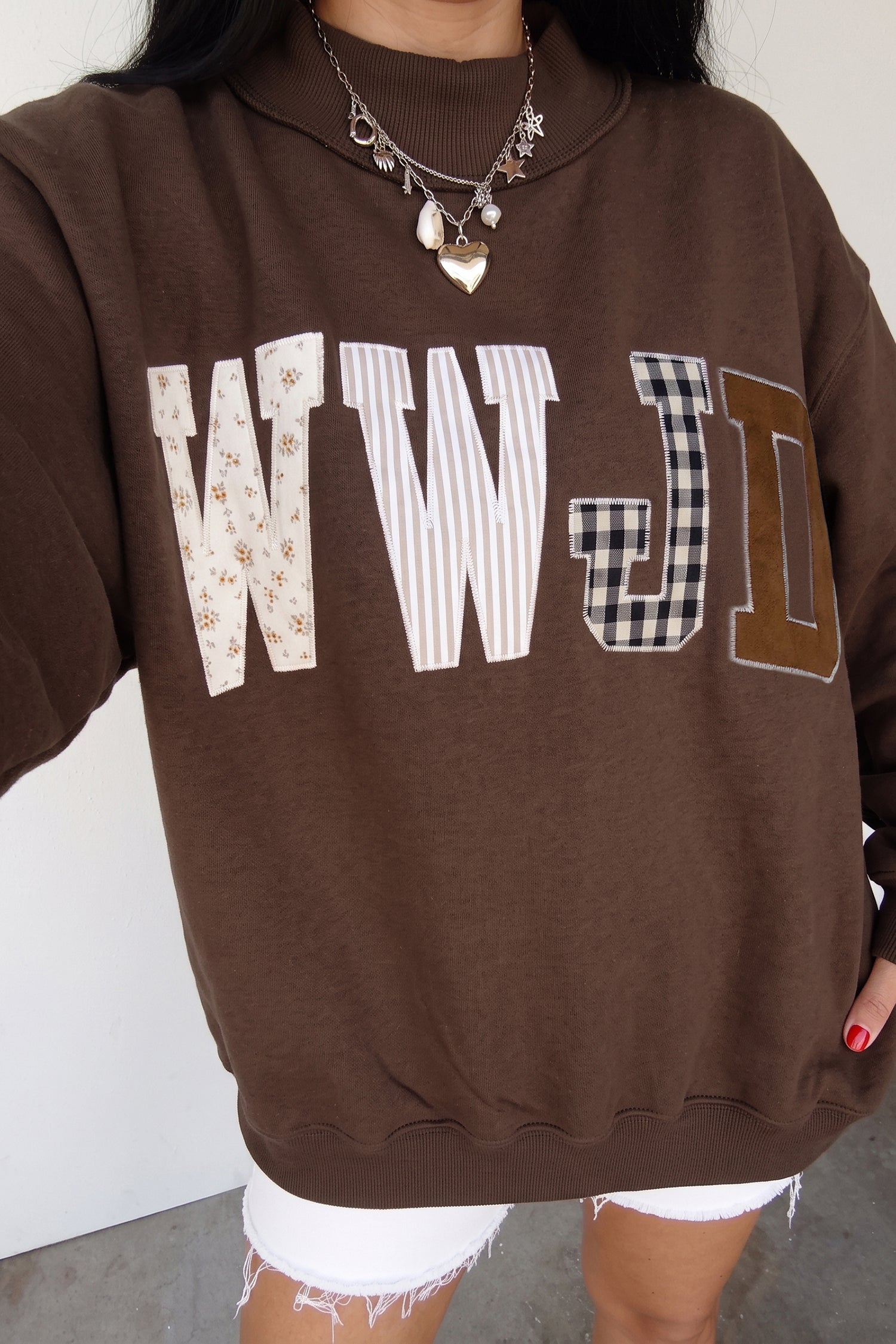 Coffee WWJD Mixed Pattern Embroidered Patch Graphic Mock Neck Sweatshirt