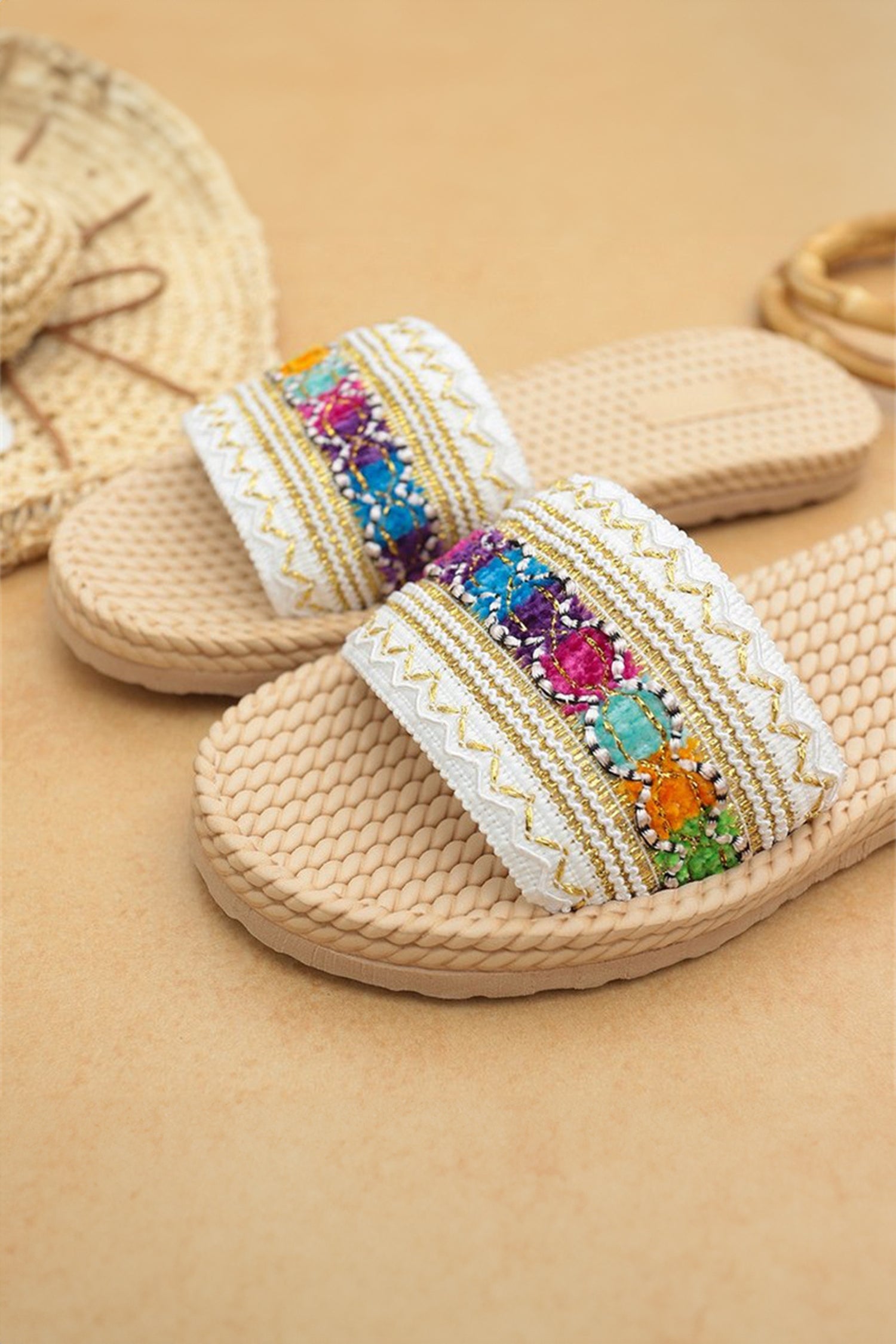 Parchment Bohemian Vacation Woven Colorful Detail Wide Band Slippers