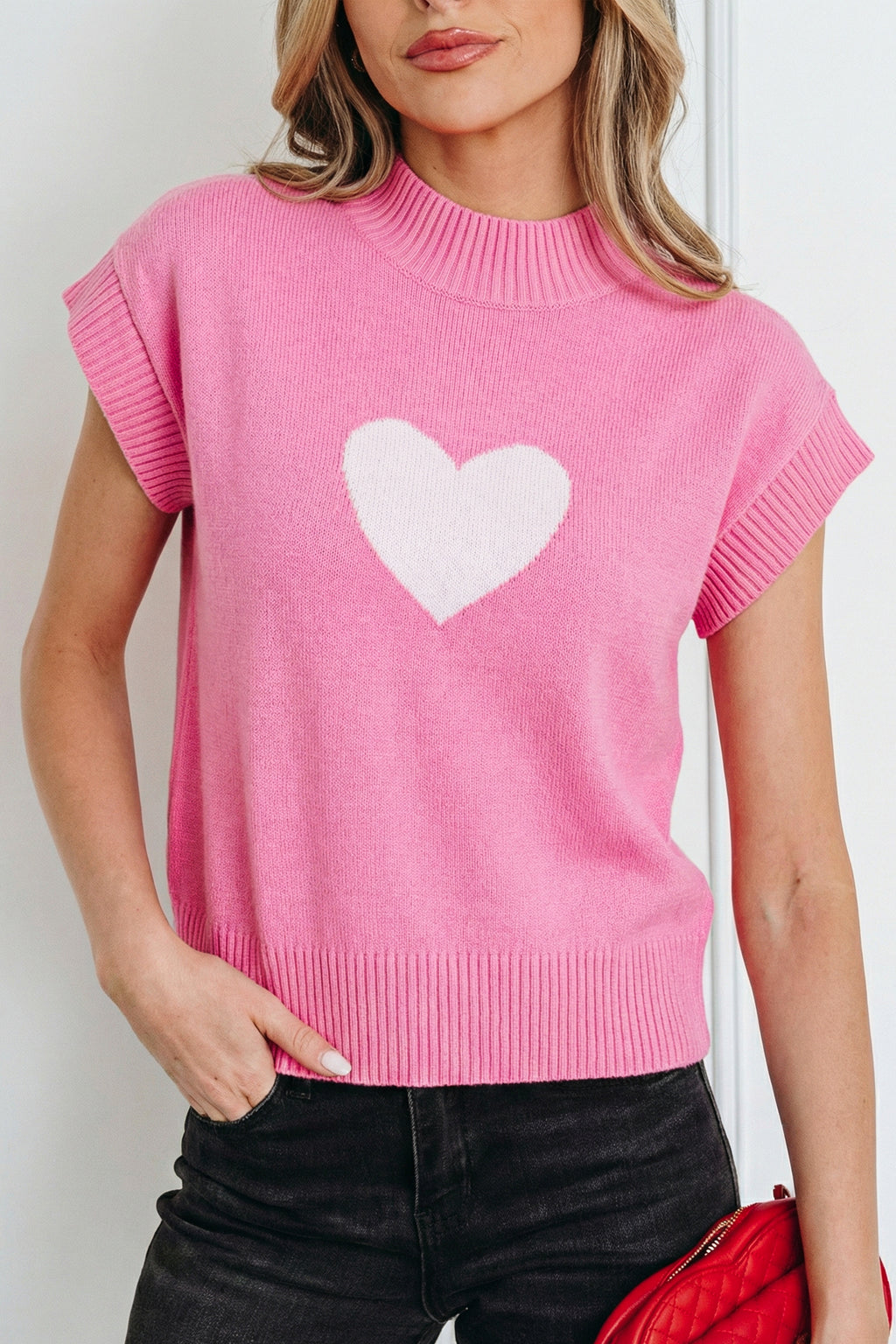 Pink Valentine Heart Graphic Cropped Short Sleeve Sweater