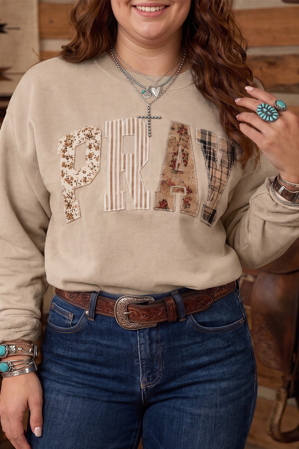 Parchment PRAY Letter Patchwork Round Neck Long Sleeve Plus Size Sweatshirt