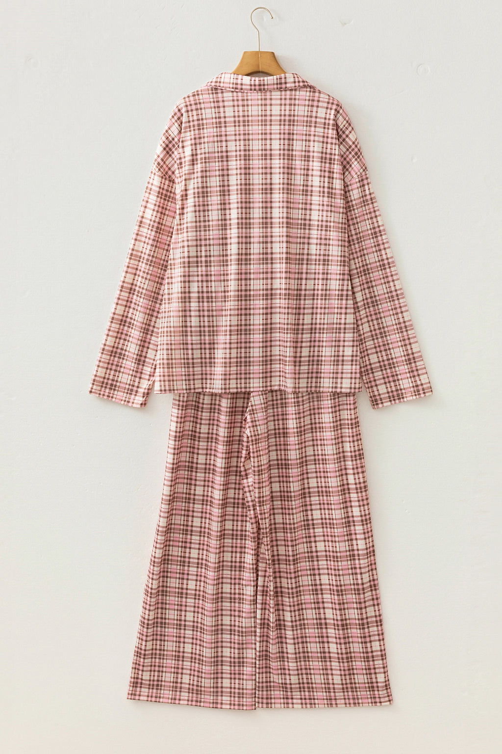 Pink Plaid Patch Pockets Long Sleeve Lounge Set