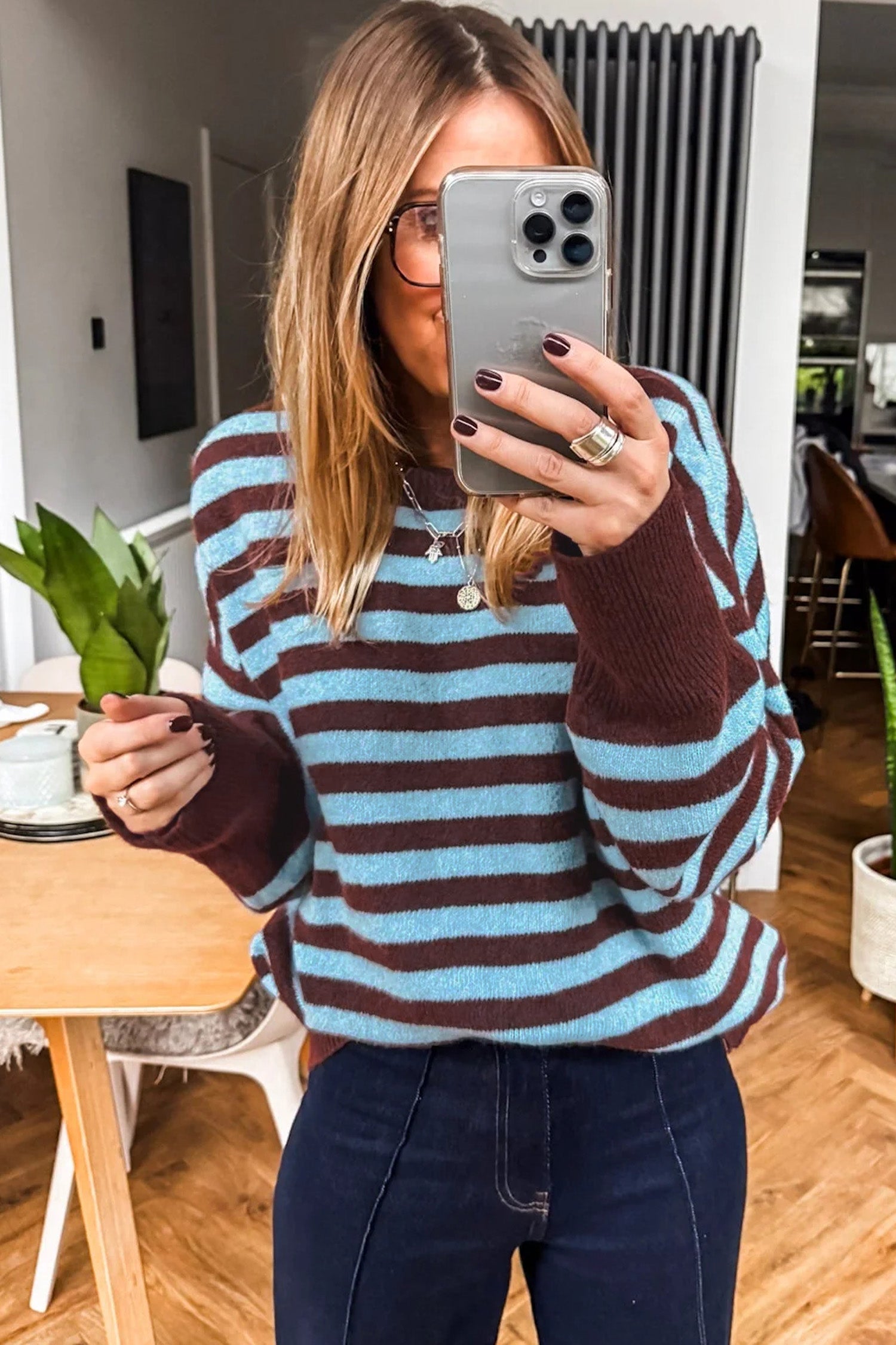 Brown Stripe Color Block Loose Crew Neck Cuffed Sweater