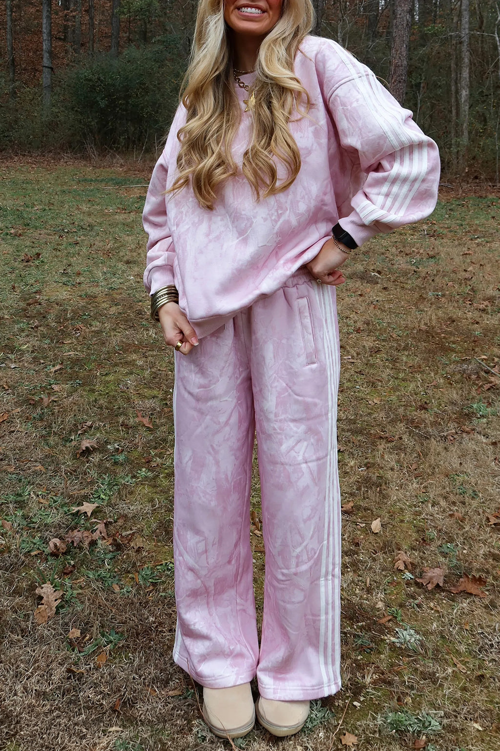 Pink Abstract Print Side Stripe Detail Long Sleeve Top Loose Pants Set