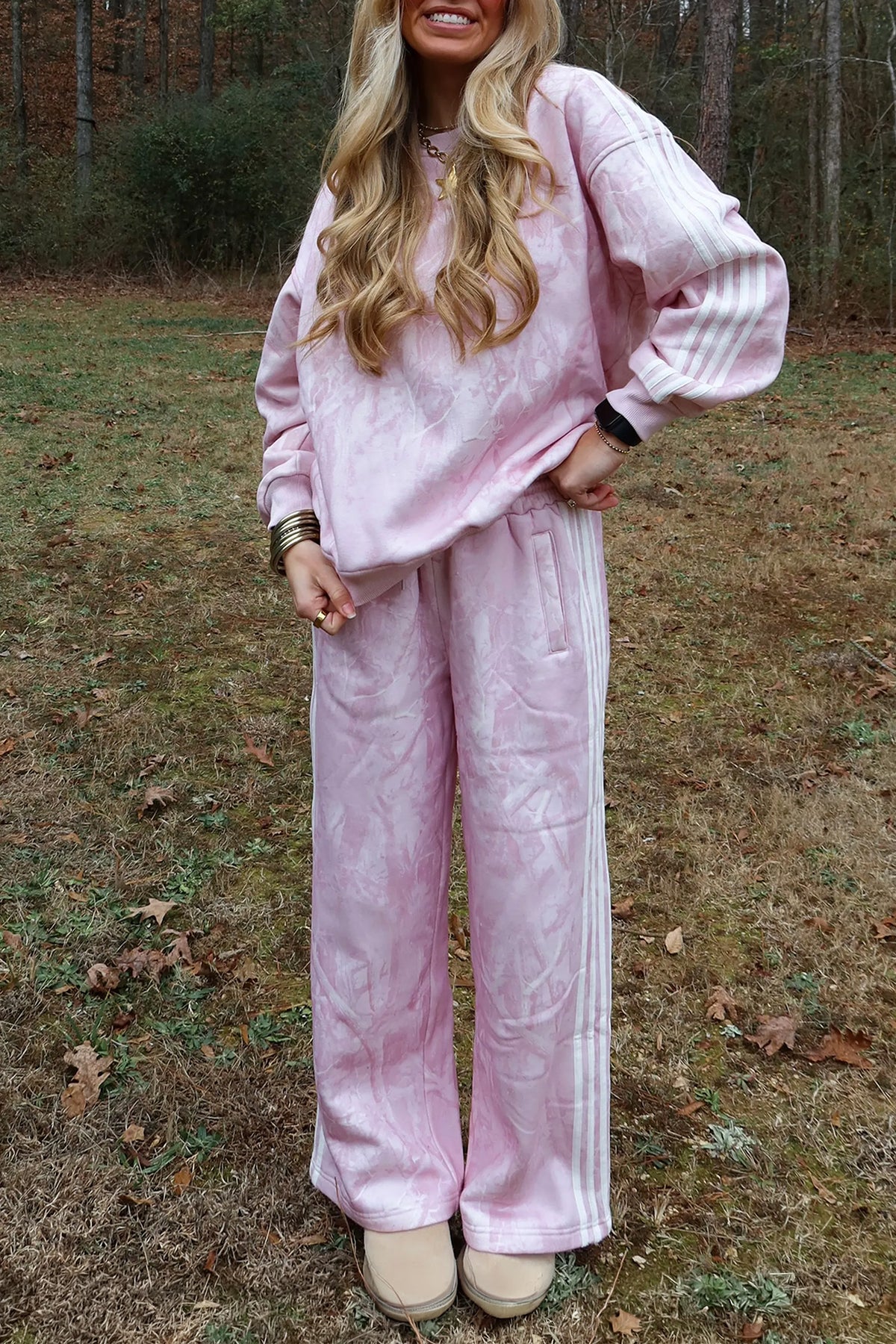 Pink Abstract Print Side Stripe Detail Long Sleeve Top Loose Pants Set