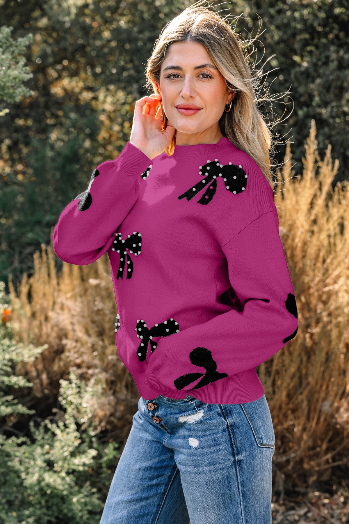 Blackish Green Pearl Embellished Bow Pattern Loose Sweater