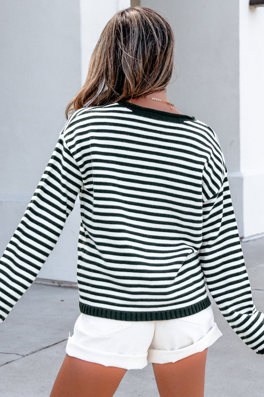 Green Stripe Striped Button Placket Drop Shoulder Long Sleeve Sweater