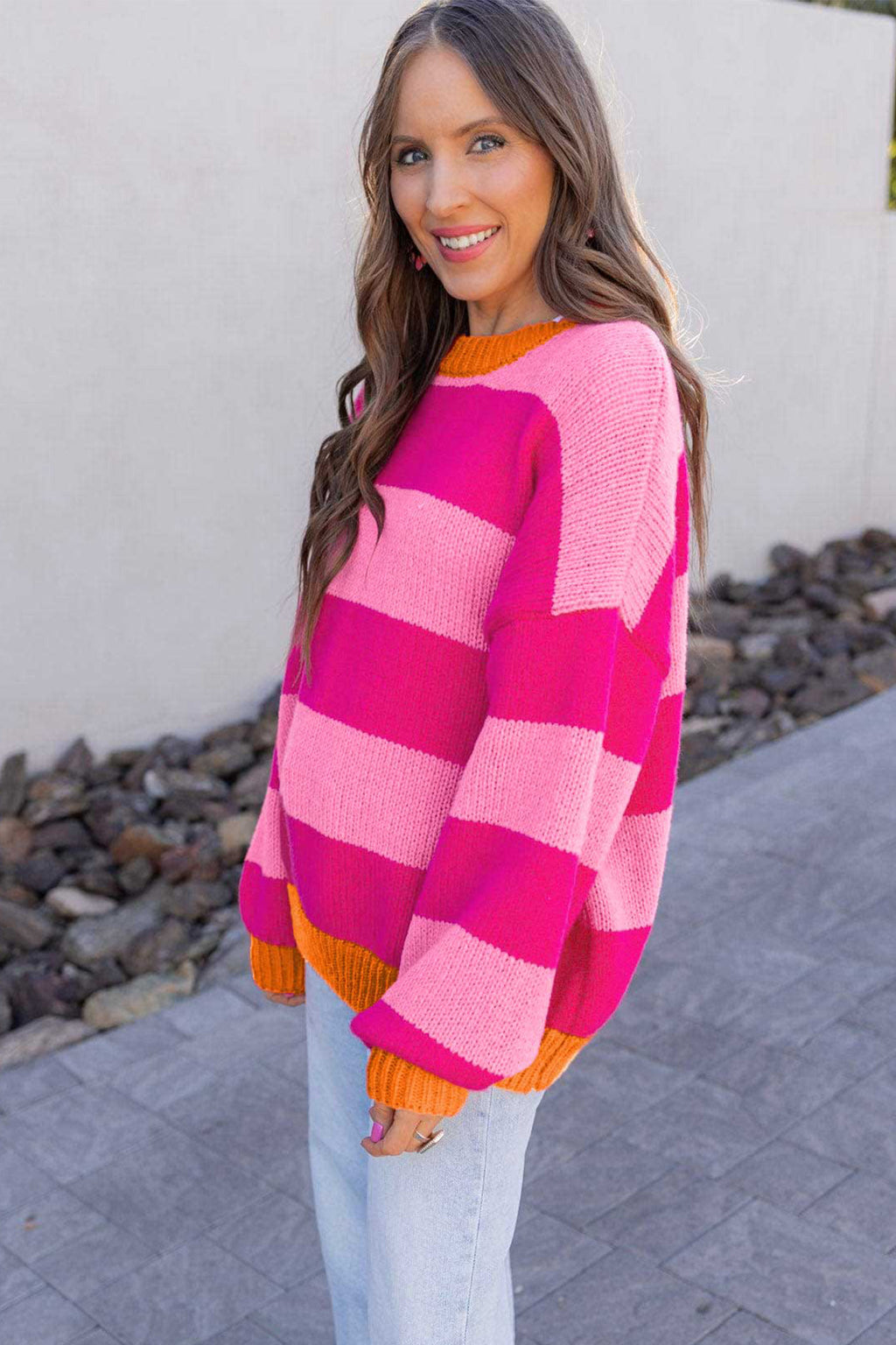 Rose Stripe Casual Colorblock Knit Drop Shoulder Relaxed Sweater