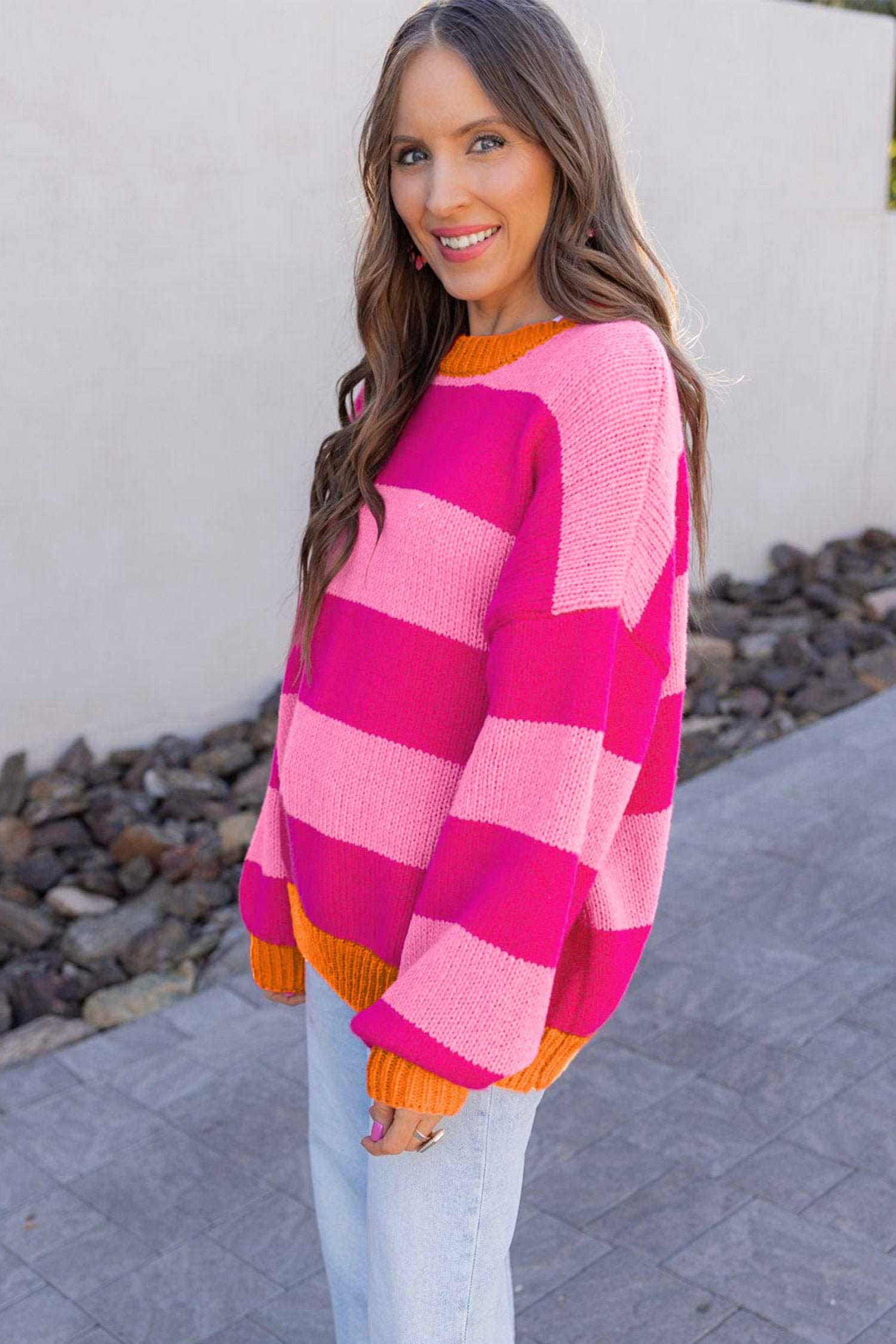 Rose Stripe Casual Colorblock Knit Drop Shoulder Relaxed Sweater