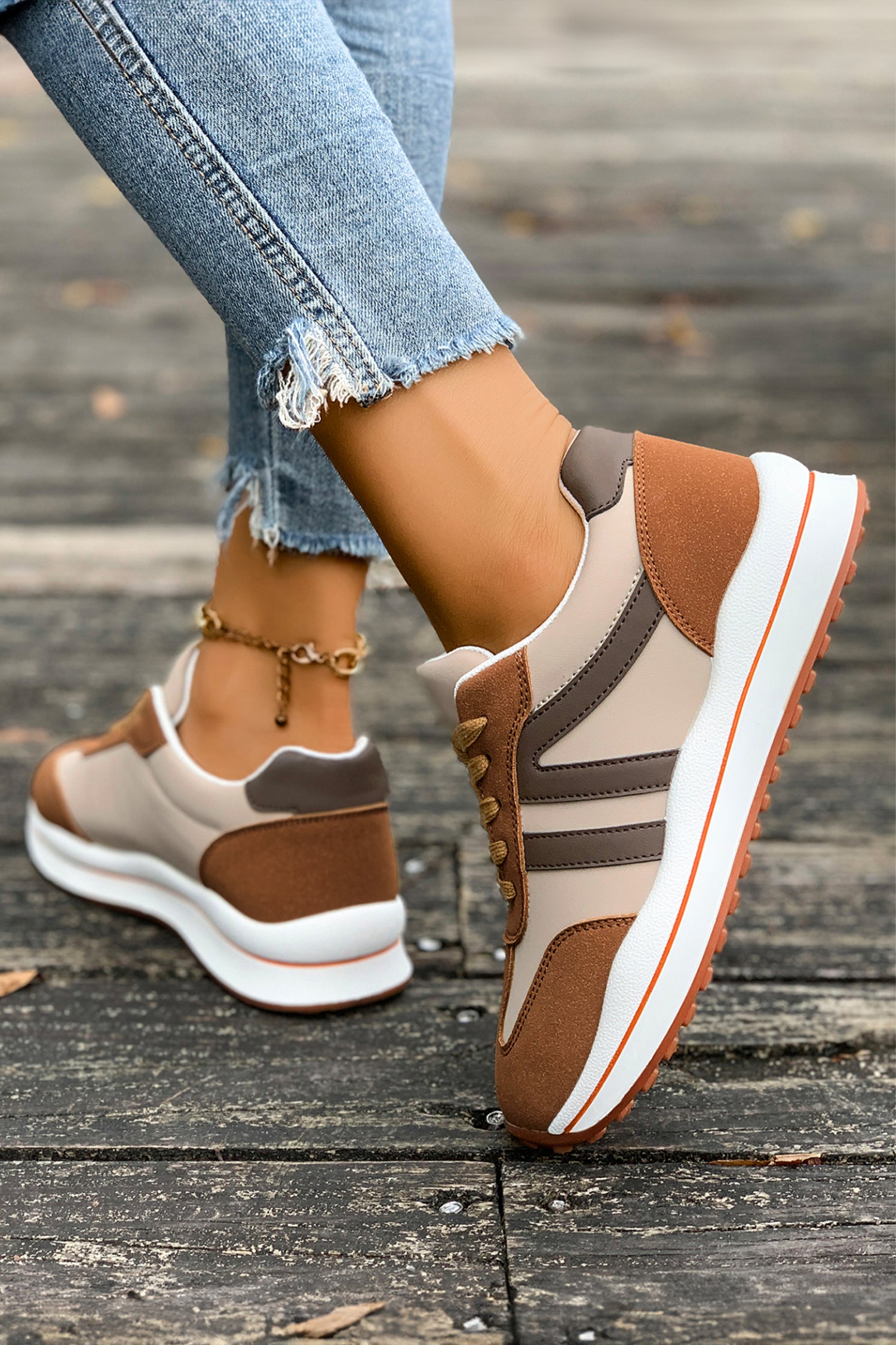Brown Varsity Color Block Patchwork Lace-up PU Leather Sneakers