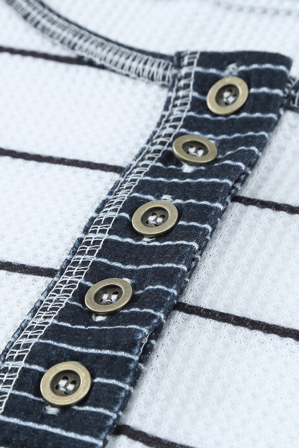 White Striped Buttoned Henley Waffle Knit Top