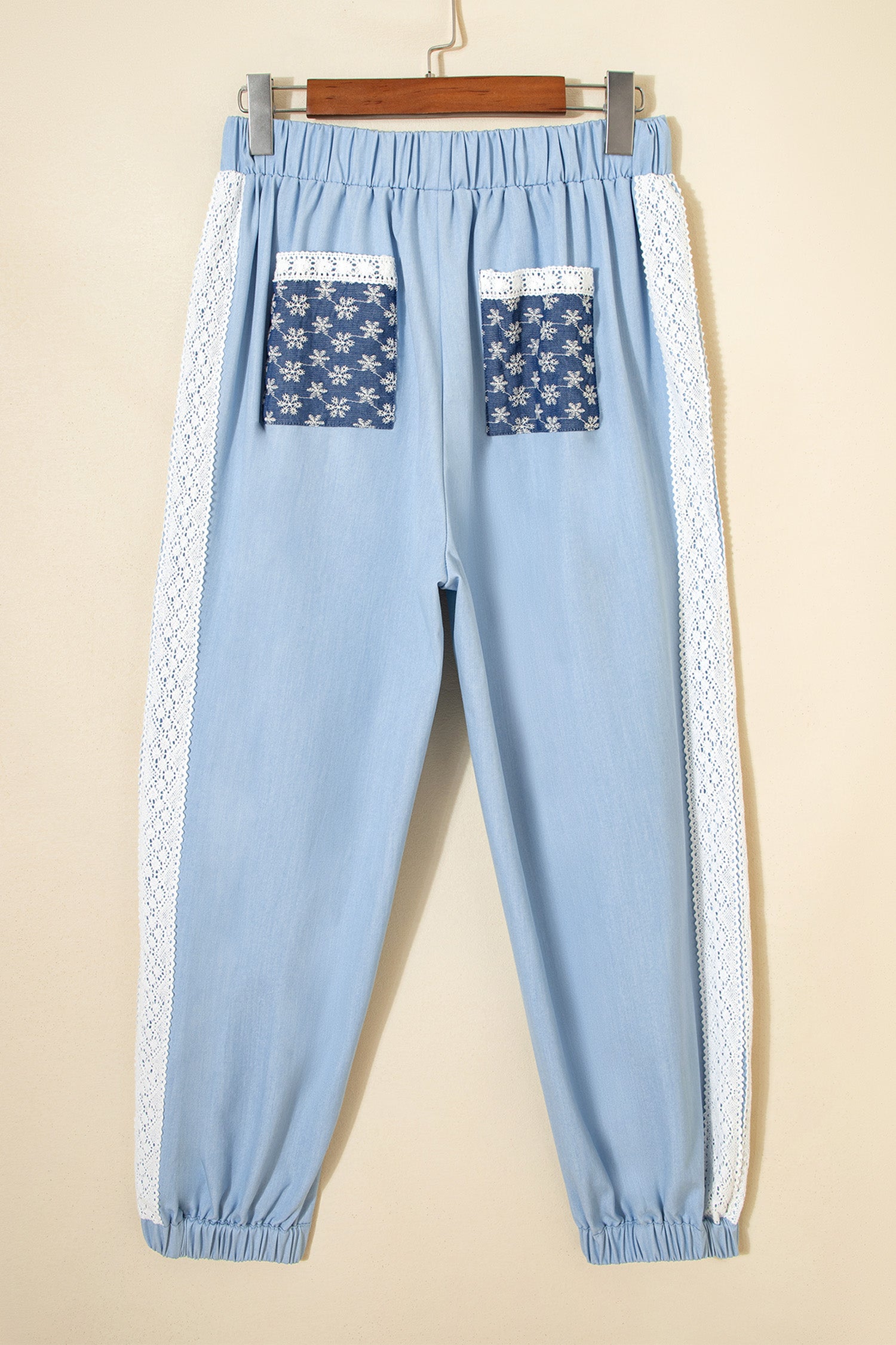 Beau Blue Lace Accent Floral Patched Pocket Pleated Wide Leg Slouchy Pants