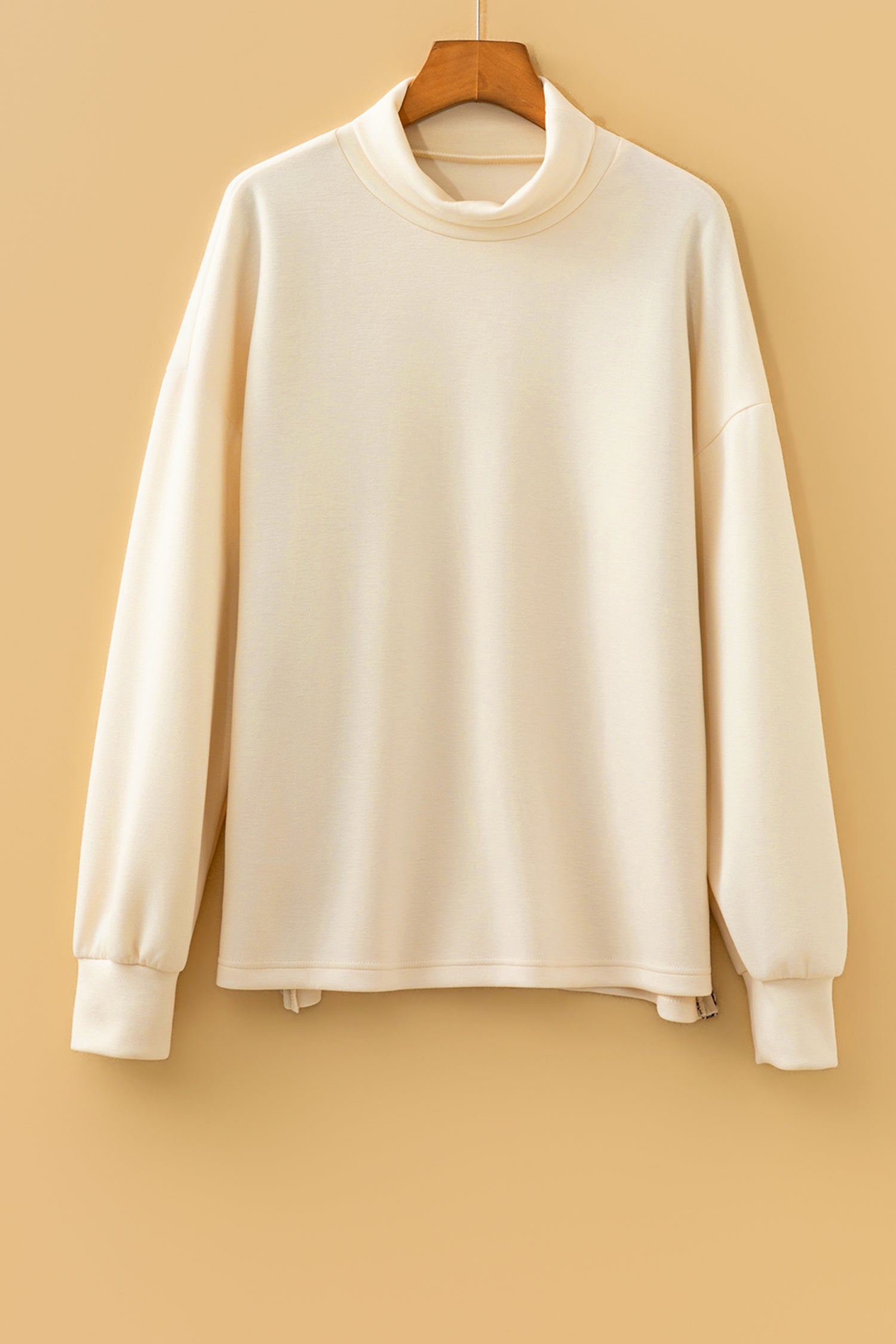 Beige Mock Neck Long Sleeve Leopard Detail Split Hem Top