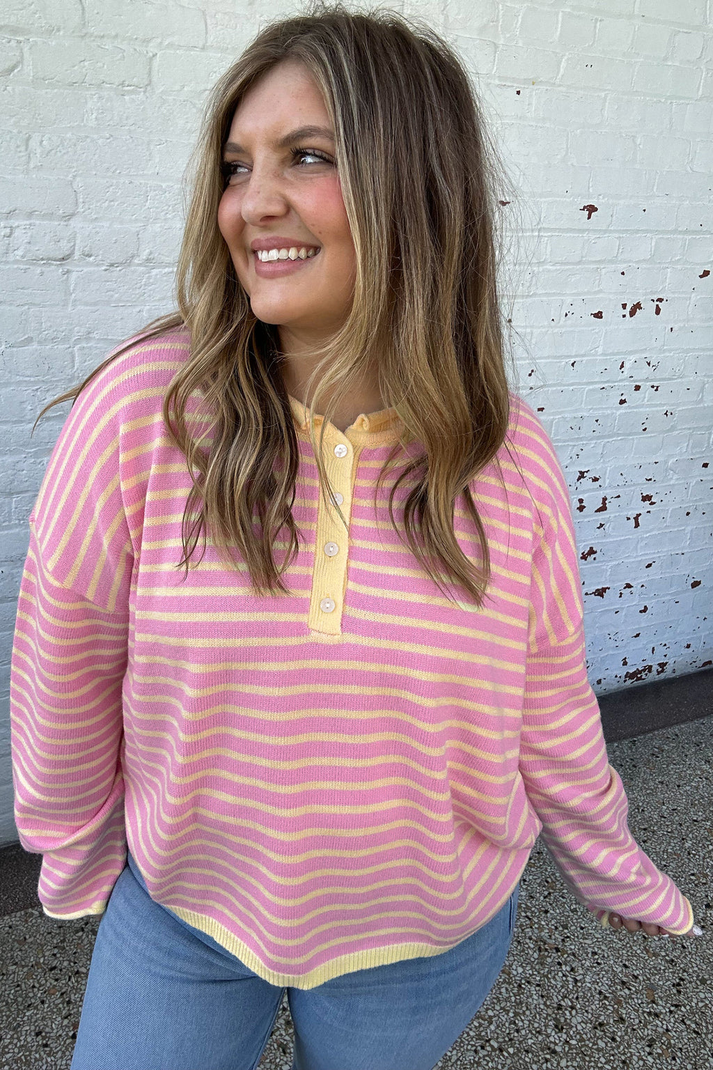 Pink Stripe Striped Colorblock Long Sleeve V Neck Shift Plus Size Sweater