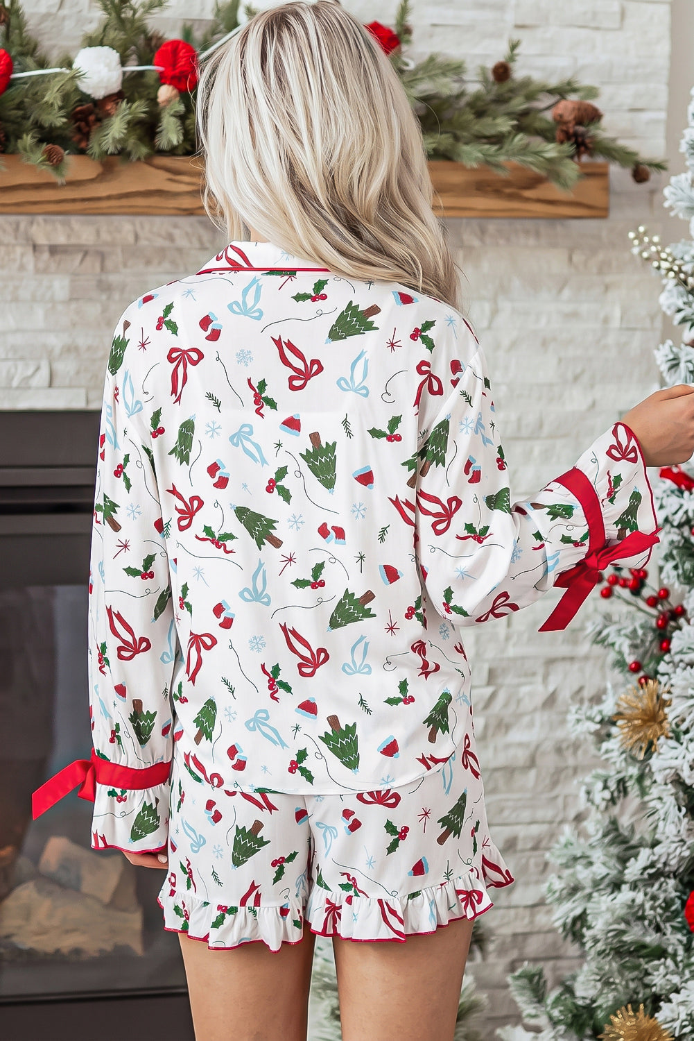 White Christmas Print Ruffle Cuff Long Sleeve Lounge Set