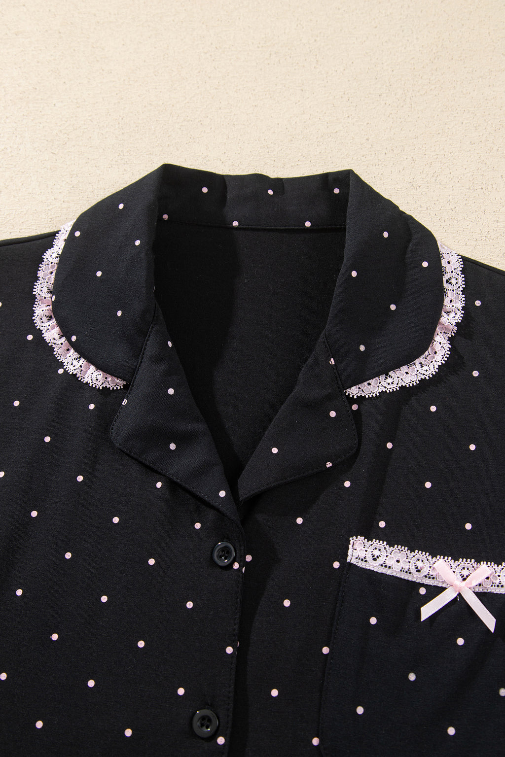 Black Polka Dot Long Sleeve Shirt Lace Detail Two Piece Pajama Pant Set