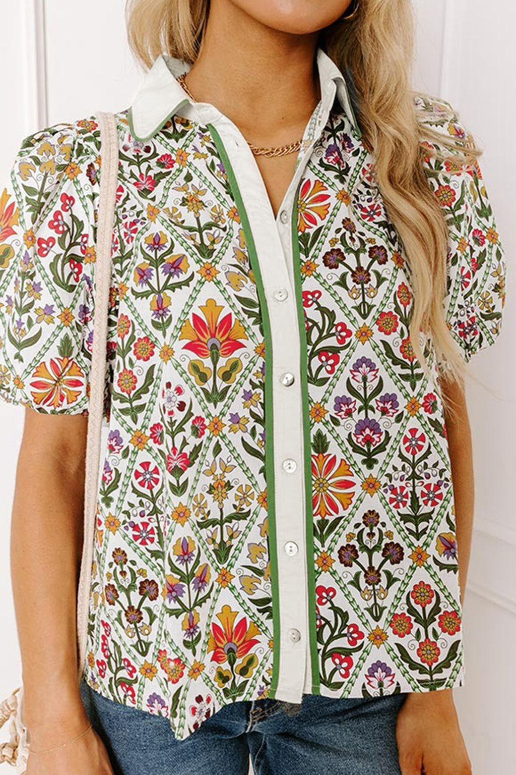 Green Short Bubble Sleeve Floral Shirt
