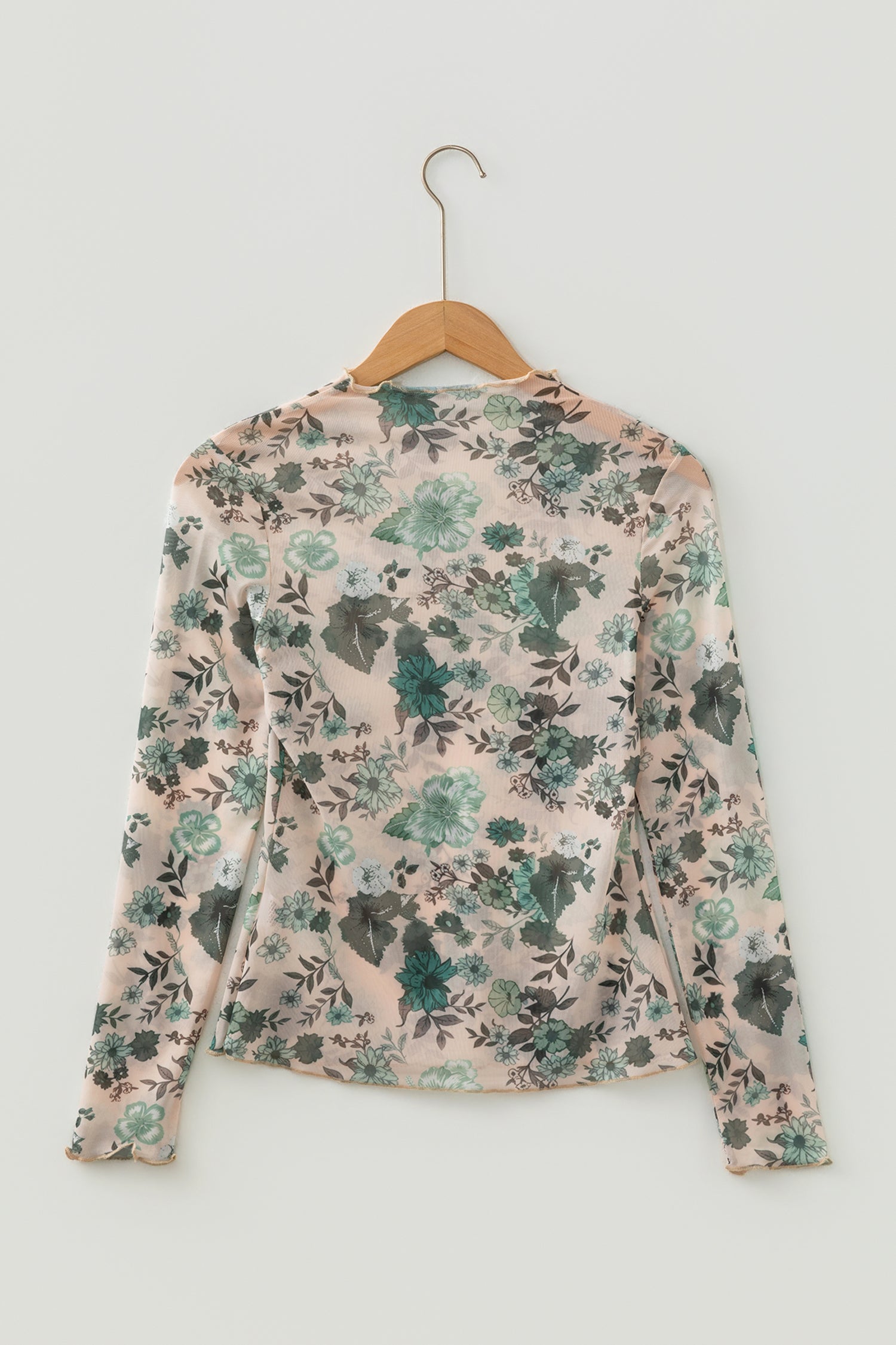 Green Western Style Floral Print Long Sleeve Mesh Top