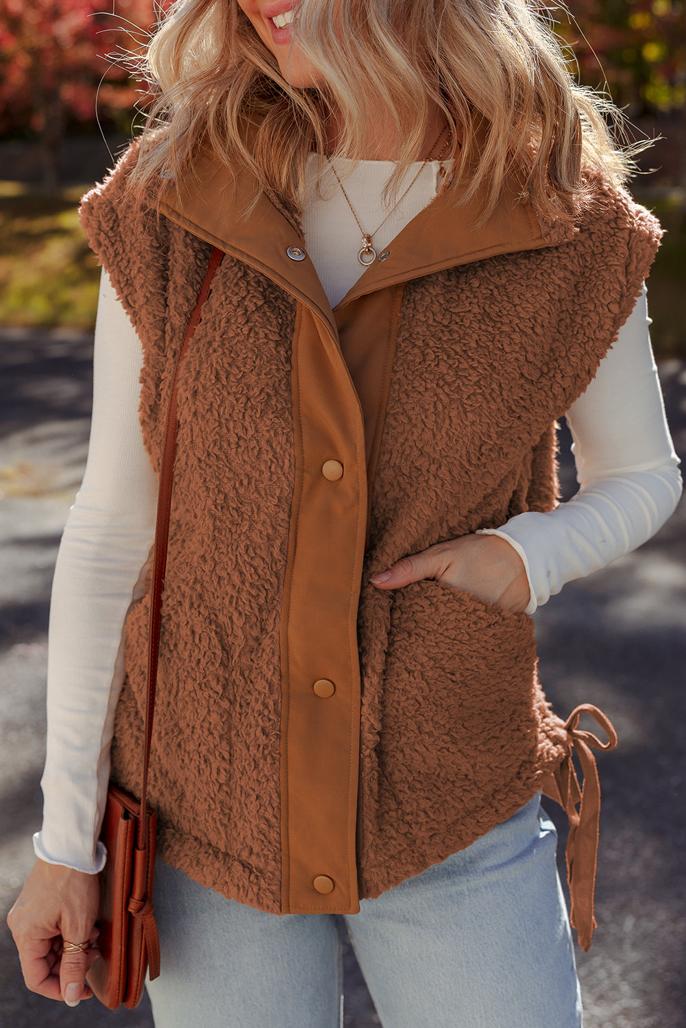 Beige Faux Fur Snap Button Front Knot Side Plush Vest with Pockets