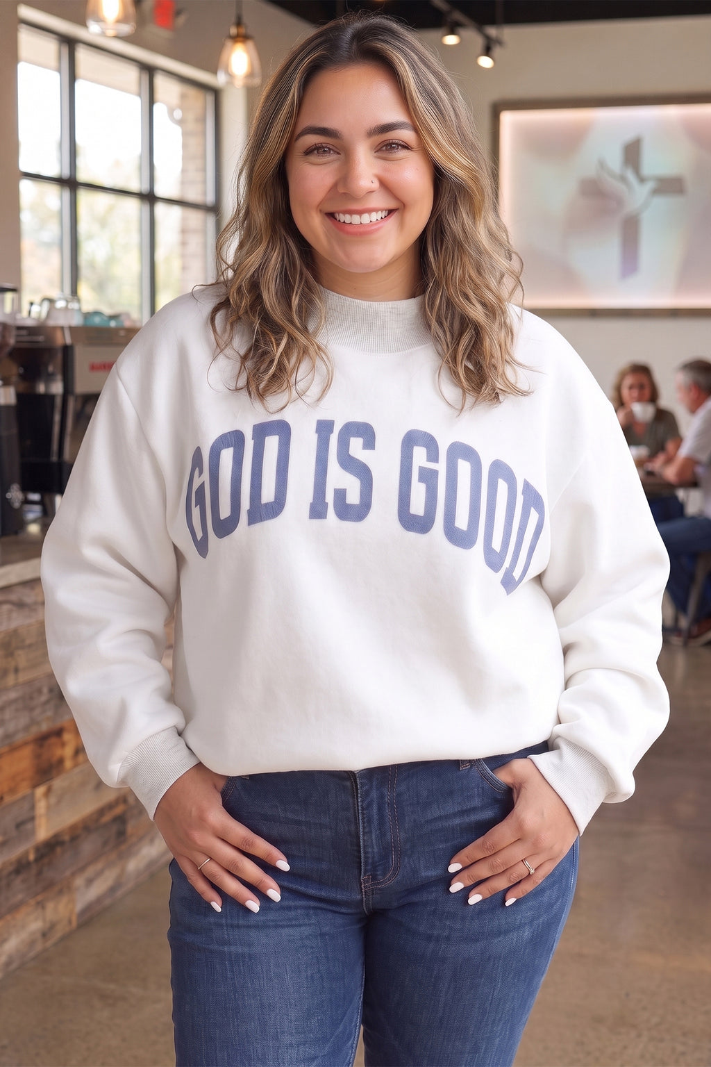 Light Grey Jesus Slogan Stand Neck Long Sleeve Oversized Tunic Plus Size Sweatshirt