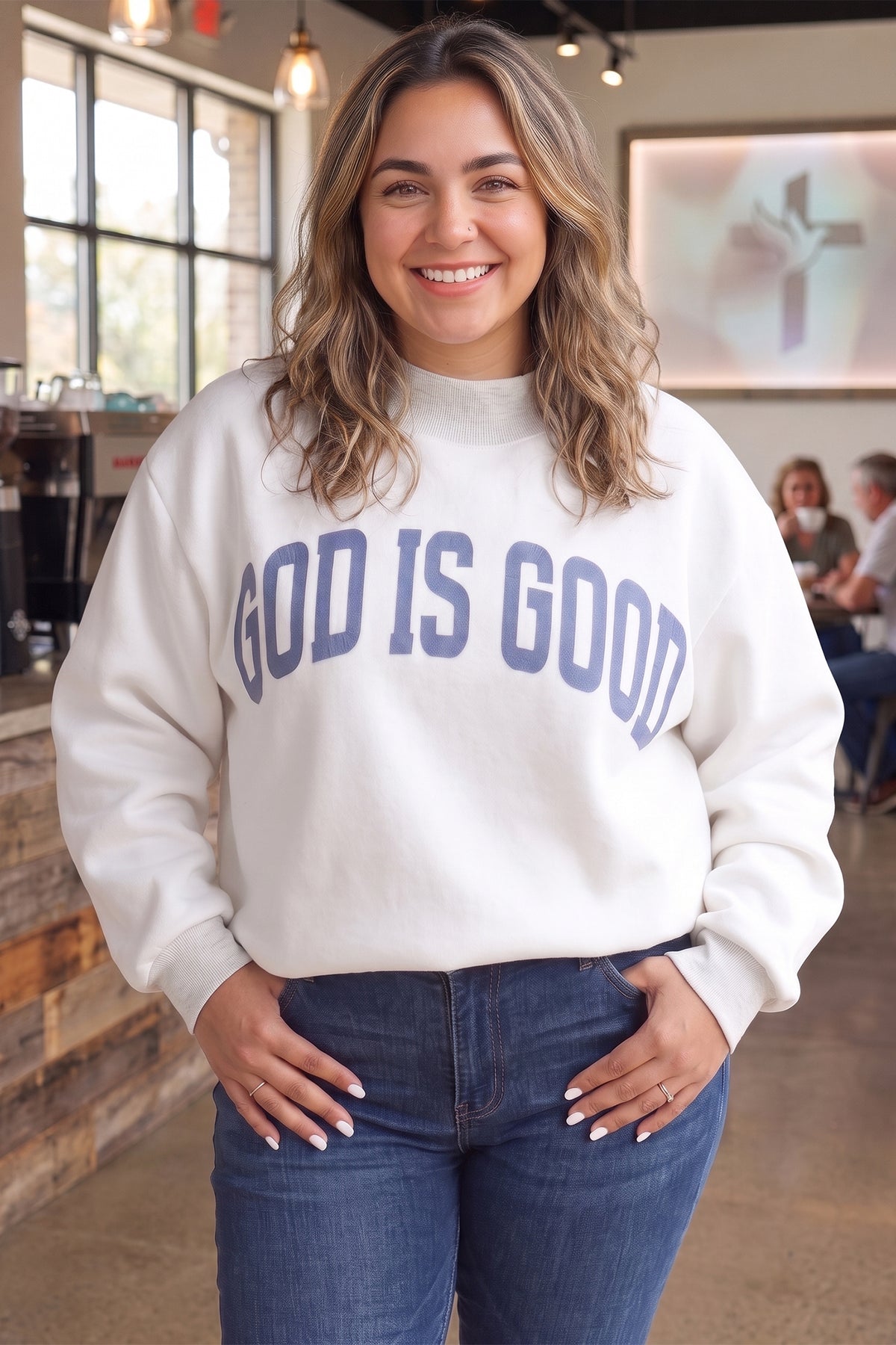 Light Grey Jesus Slogan Stand Neck Long Sleeve Oversized Tunic Plus Size Sweatshirt