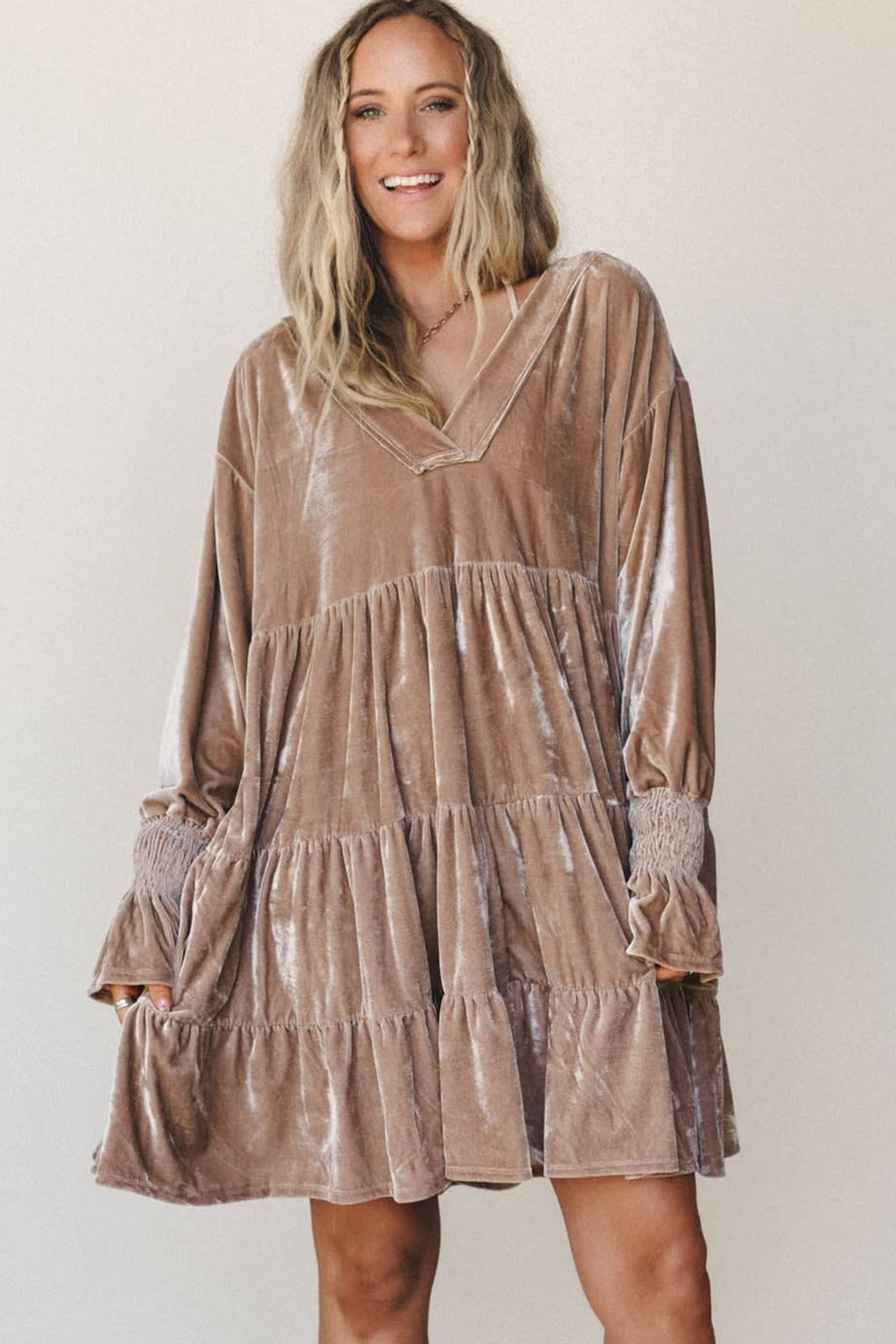 Smoke Gray Solid Color V Neck Velvet Tiered Long Sleeve Dress